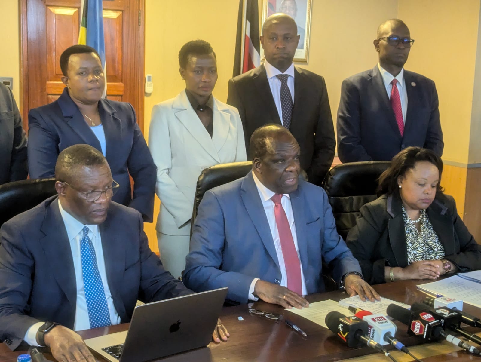 CS for Co-operatives and Micro, Small and Medium Enterprises (MSMEs) Development, Wycliffe Oparanya (C) and the Deputy Chief of Staff, Performance and Delivery Management Eliud Owalo (left) addresses the media at the NSSF building.