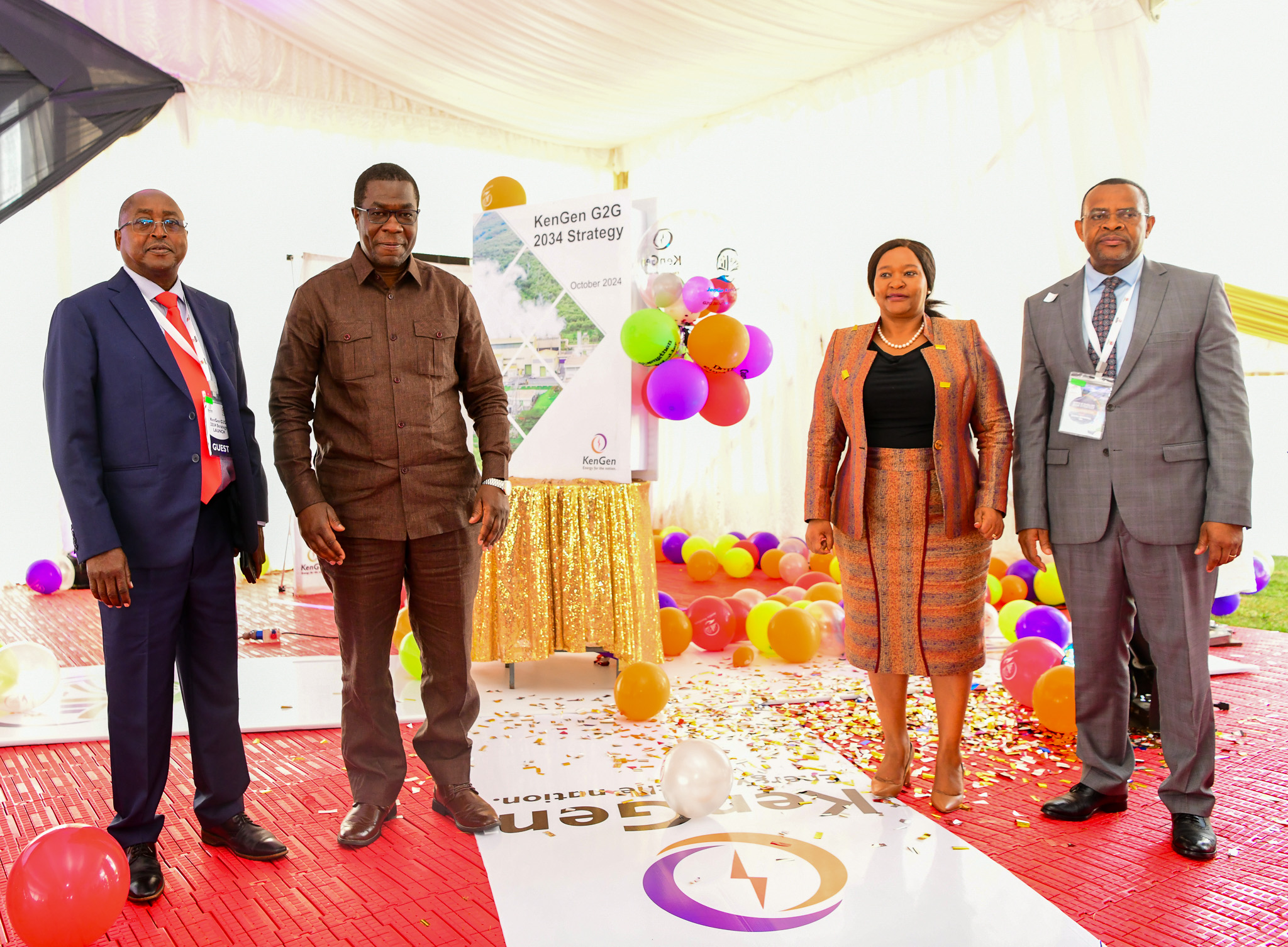 From L to R: KenGen Chairman Frank Konuche, Energy and Petroleum Cabinet Secretary Opiyo Wandayi, Cabinet Secretary Ministry of Tourism and Wildlife Rebecca Miano and KenGen Managing Director and CEO Eng. Peter Njenga in Naivasha.