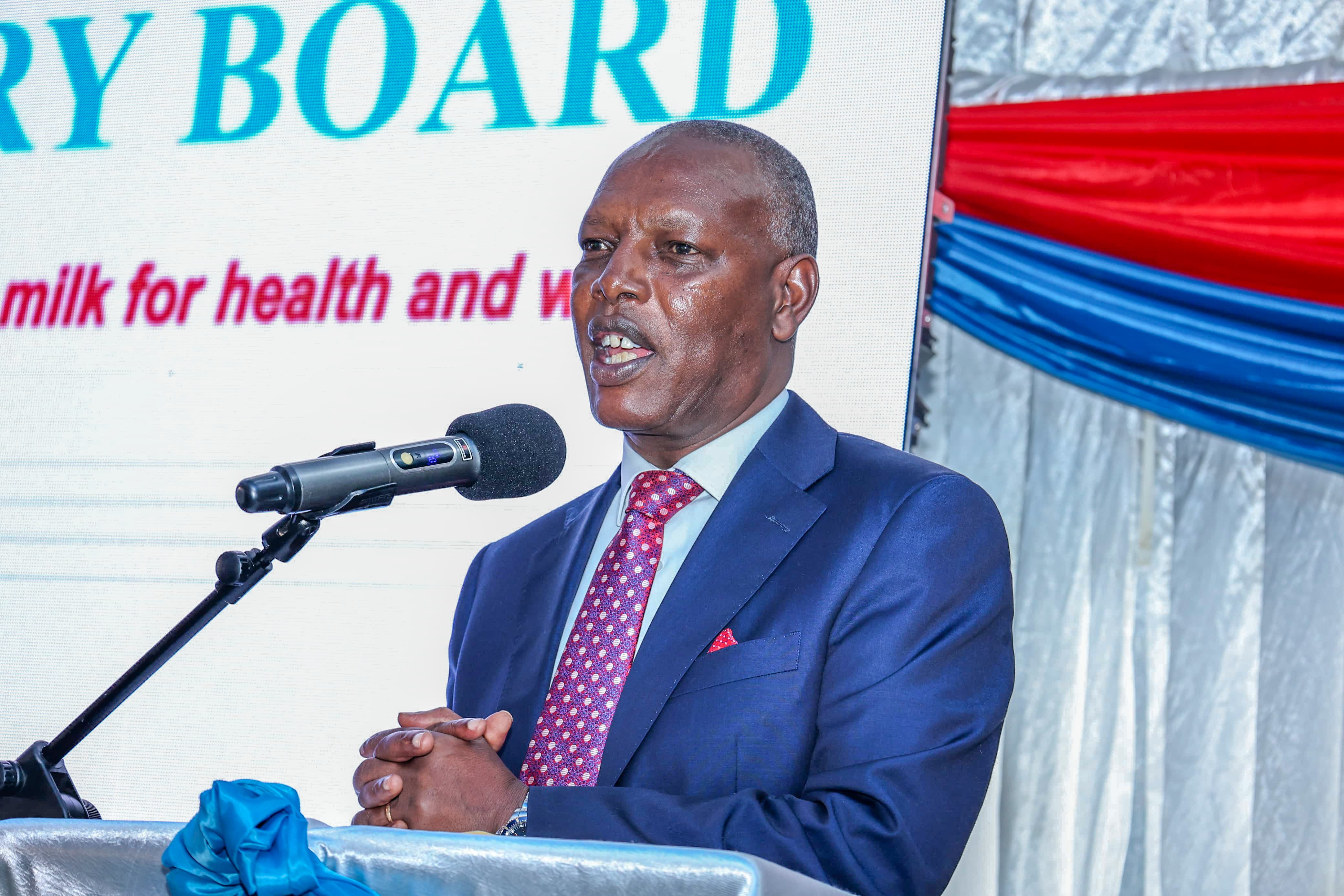 Agriculture and Livestock Development Cabinet Secretary (CS) Dr. Andrew Karanja speaking at the Kenya Dairy Board (KDB) head office during the launch of the cost of Milk Production Study Report (2024). Photo/ Gladys Njoka.