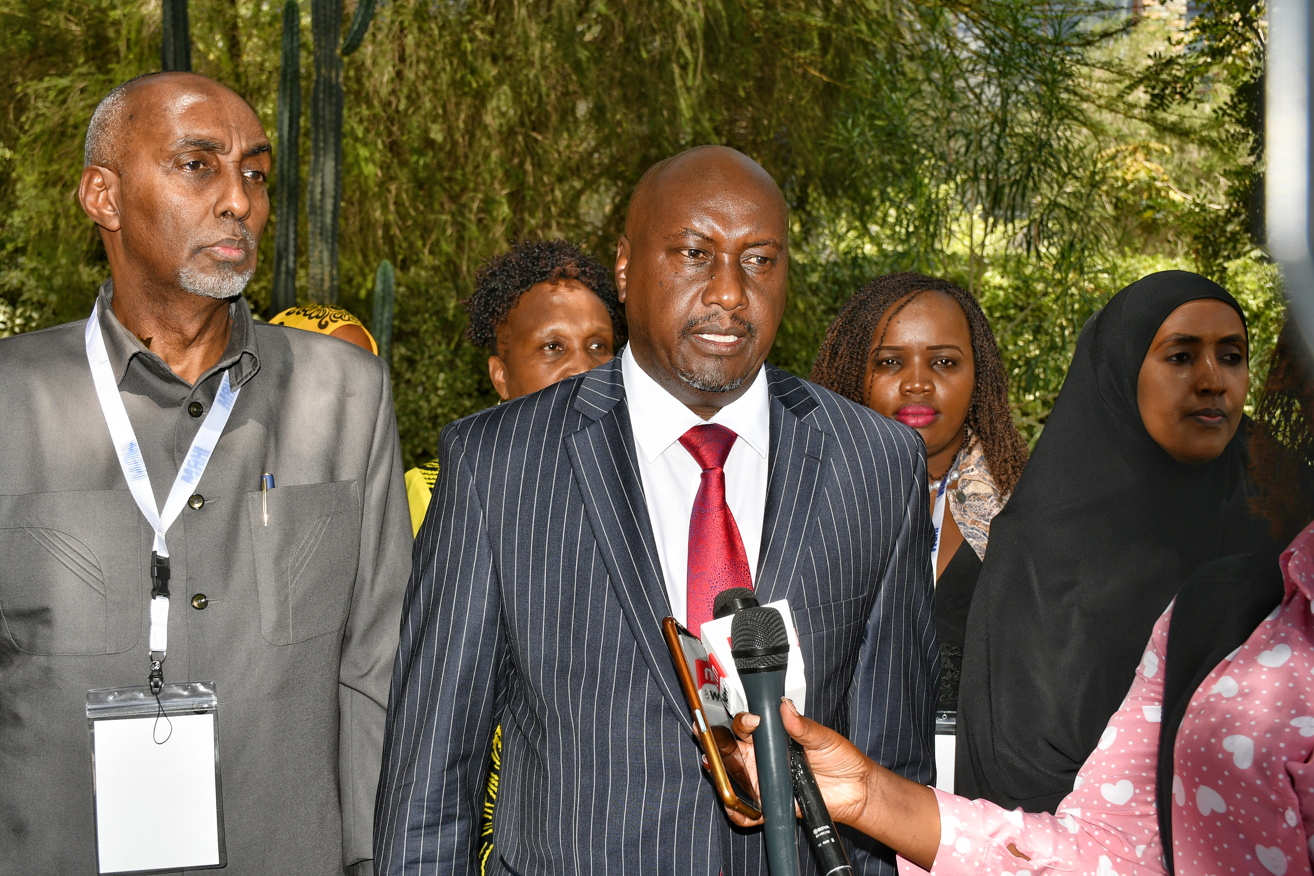 rincipal Secretary (PS) in the State Department for Public Service PS Amos Njoroge Gathecha (Centre in a striped suit) addressing the press in Naivasha during the  28th Annual national Human Resource Management (HRM) conference