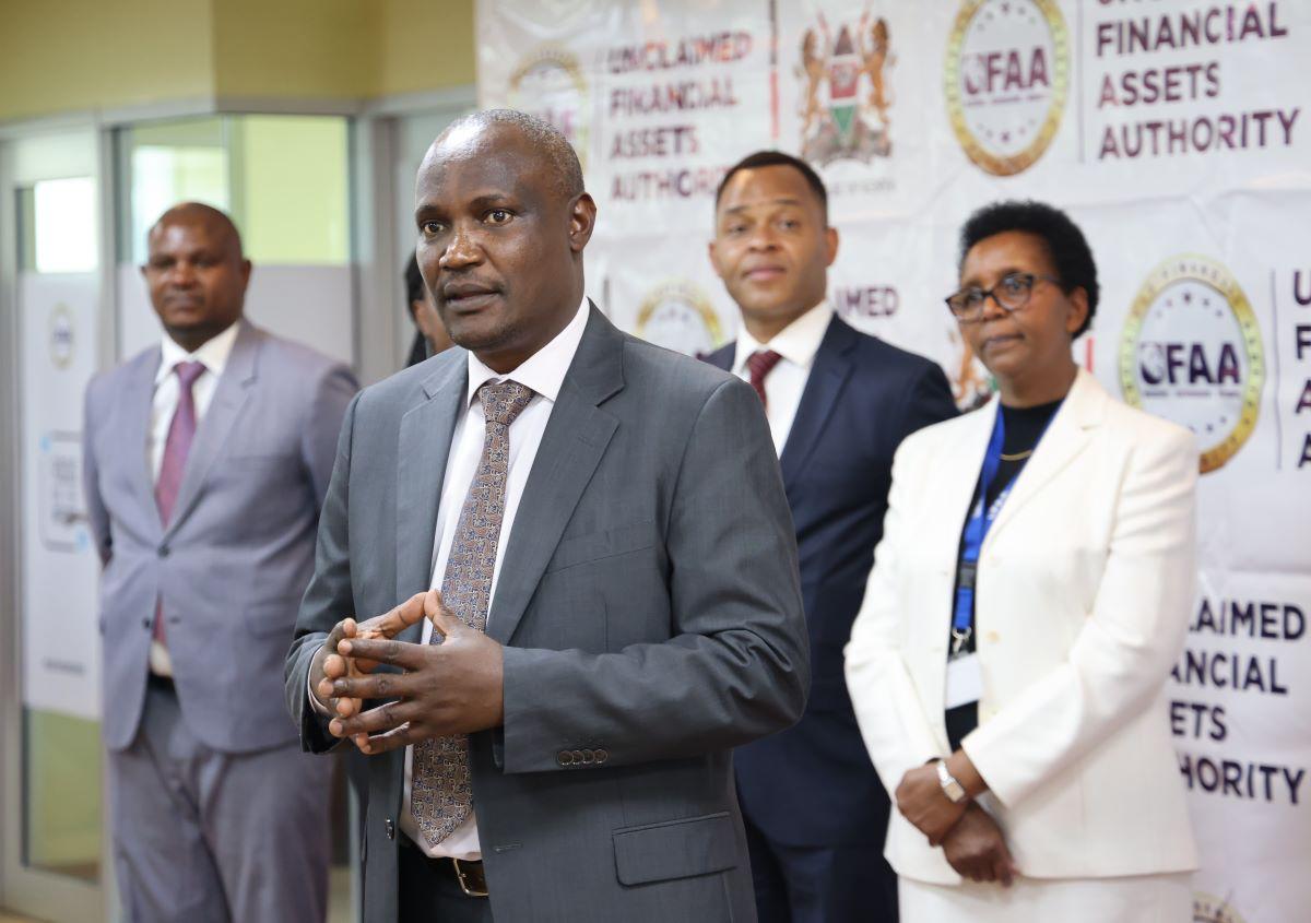 The National Treasury Cabinet Secretary (CS) John Mbadi addressing members of staff of the Unclaimed Financial Assets Authority (UFAA) when he paid them a courtesy call at their offices. Photo/Joseph Ng’ang’a.