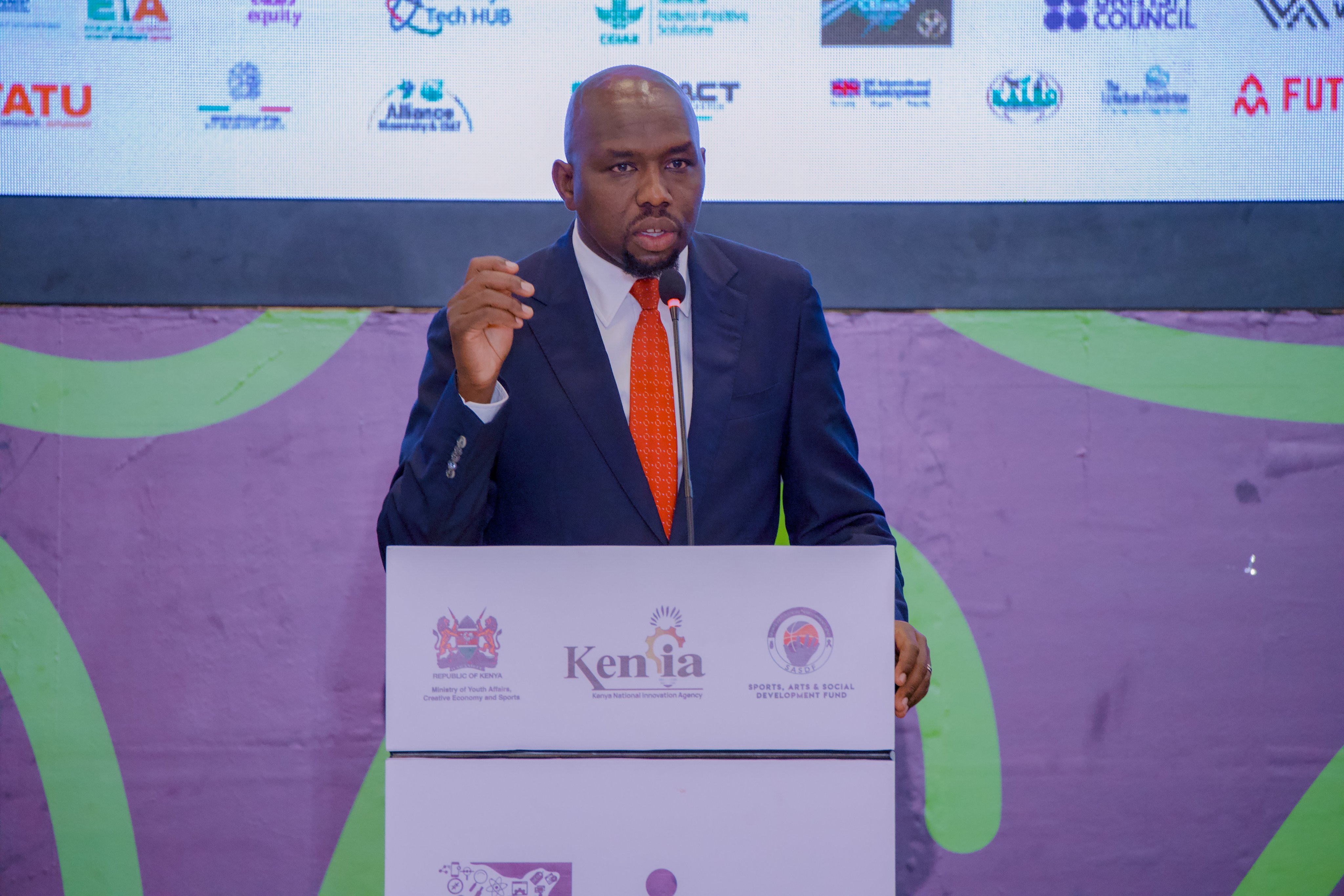  Cabinet secretary for Youth Affairs, Creative Economy and Sports Kipchumba Murkomen speaking at the 4th Kenya Innovation Week 2024 Africa Edition, at the Edge Convention Center in Nairobi