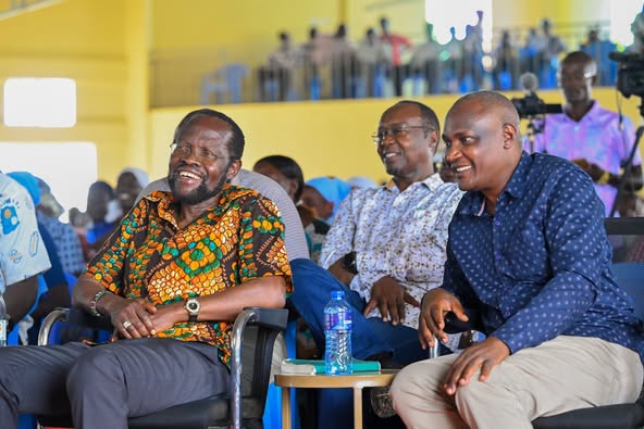 Treasury Cabinet Secretary John Mbadi joining other leaders to attend a church service at Othoo SDA church in Nyando Sub-County on Saturday. Photo/Robert Ojwang’