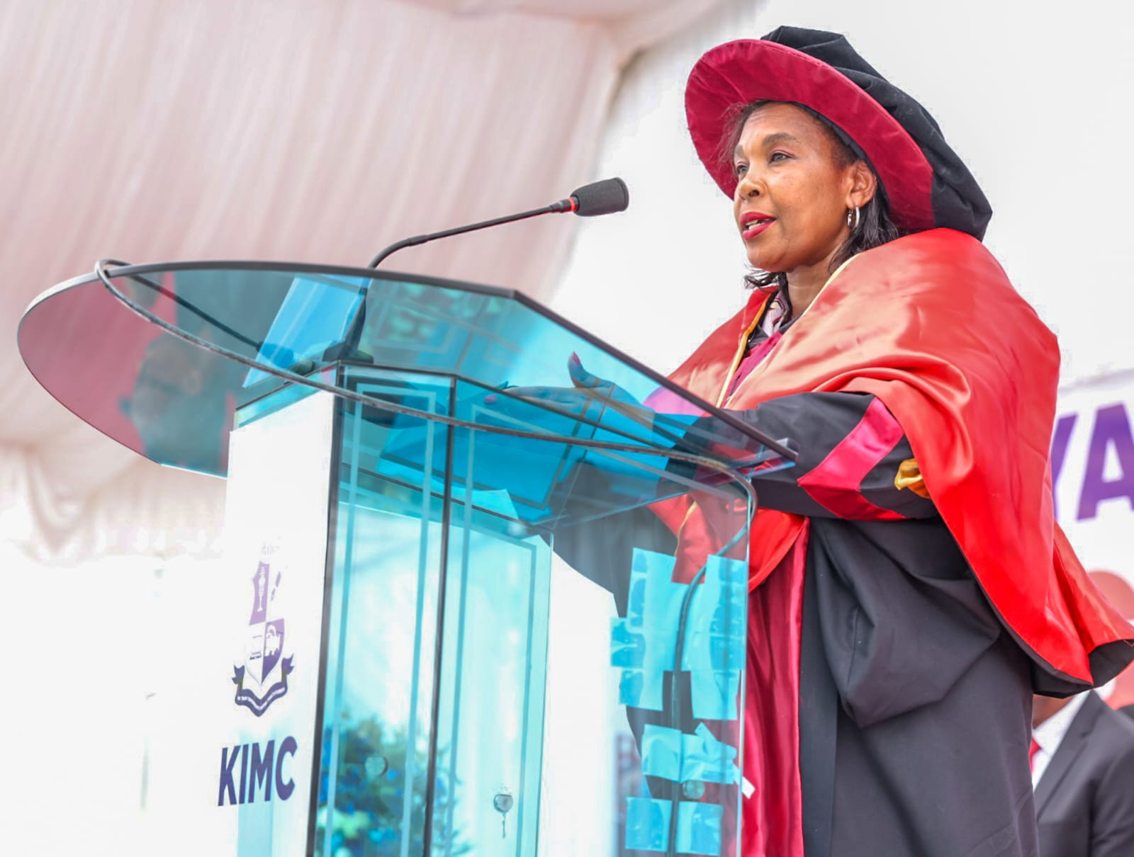 The Cabinet Secretary, Ministry of Information, Communications and the Digital Economy, Dr. Margaret Nyambura Ndung’u attending the Graduation Ceremony at the Kenya Institute of Mass Communication (KIMC) Nairobi. Photo/Beverlyne Musili.