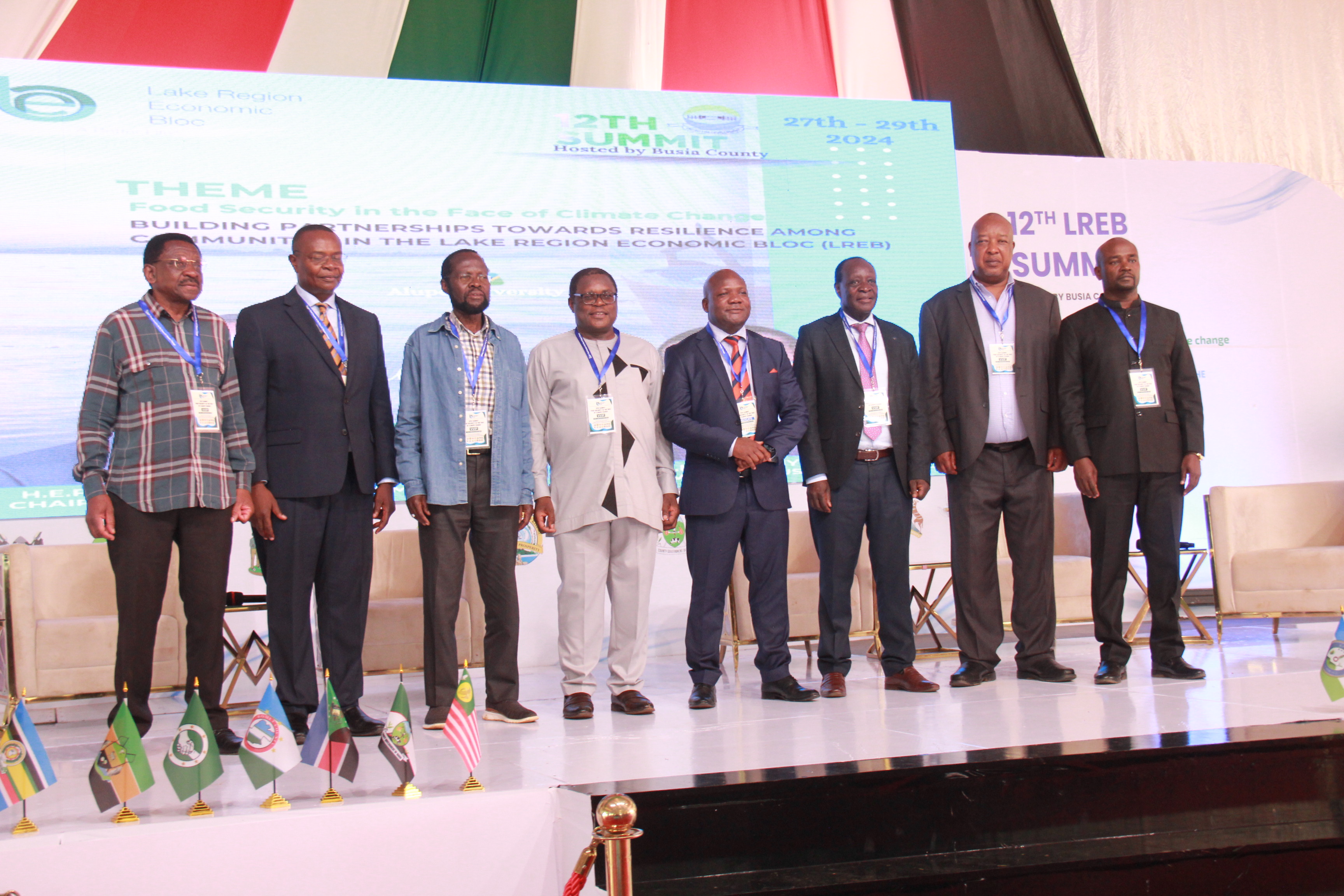 From left, Siaya Governor James Orengo, Busia Governor Dr. Paul Otuoma, Kisumu Governor Prof Anyang' Nyong'o, Bungoma Governor Kenneth Lusaka, Kakamega Governor Fernandes Barasa, Vihiga Governor Wilber Otichilo, Nyamira Governor Amos Nyaribo and Bomet Governor Prof. Hillary Barchok during the LREB summit at Alupe University in Busia County. 