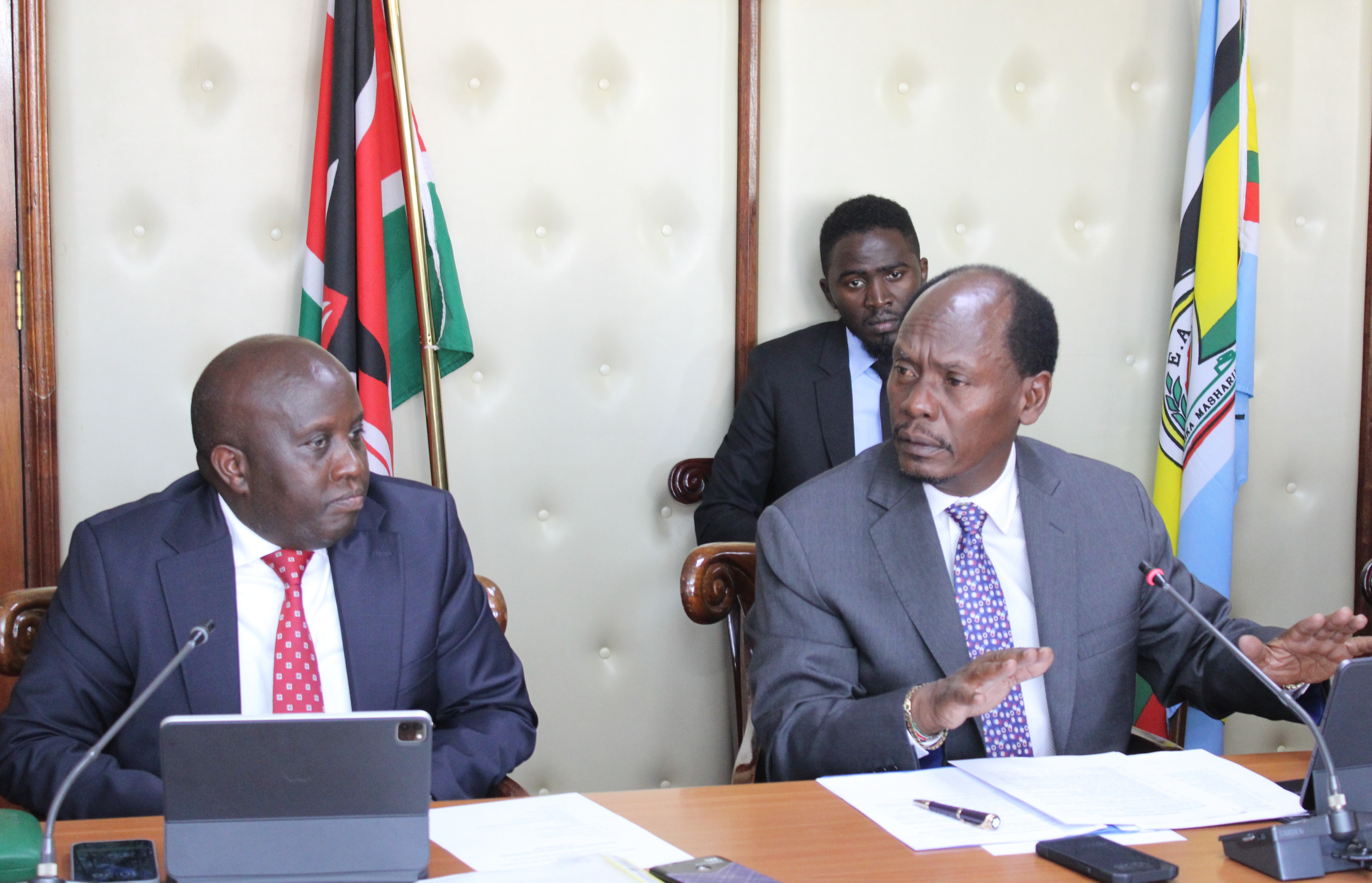 Information, Communications and The Digital Economy Cabinet Secretary (CS) William Kabogo (right) speaking on Wednesday during a meeting with heads of departments and divisions from the State Department of ICT. He is flanked by the State Department for ICT and Digital Economy Principal Secretary (PS) Eng. John Tanui (left). Photo by Erick Bosire.