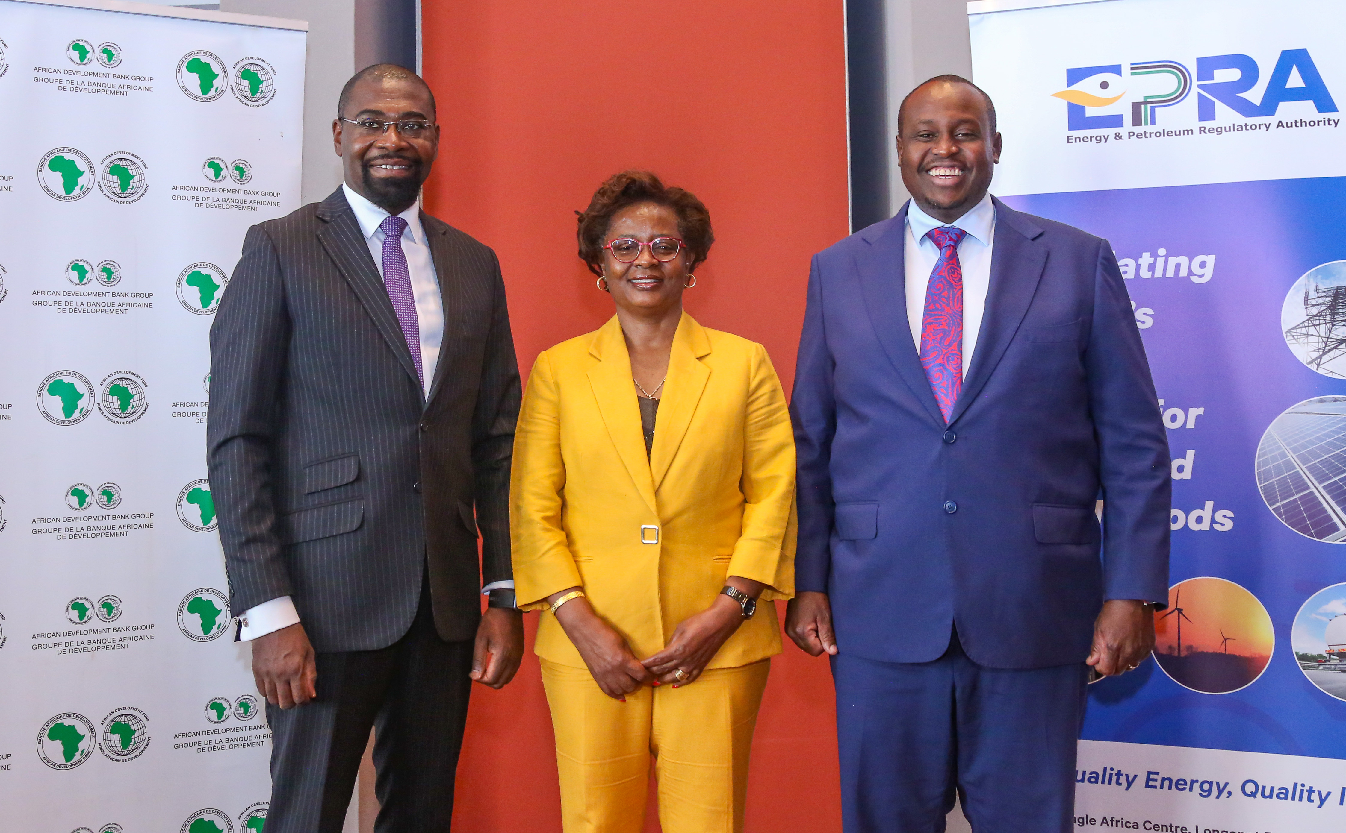 African Development Bank (AfDB), Director, Wale Shonibare(left), AfDB Principal Program Officer, Eva Ruganzu (middle), Energy and Petroleum Regulatory Authority (EPRA) Director General (DG), Daniel Kiptoo.