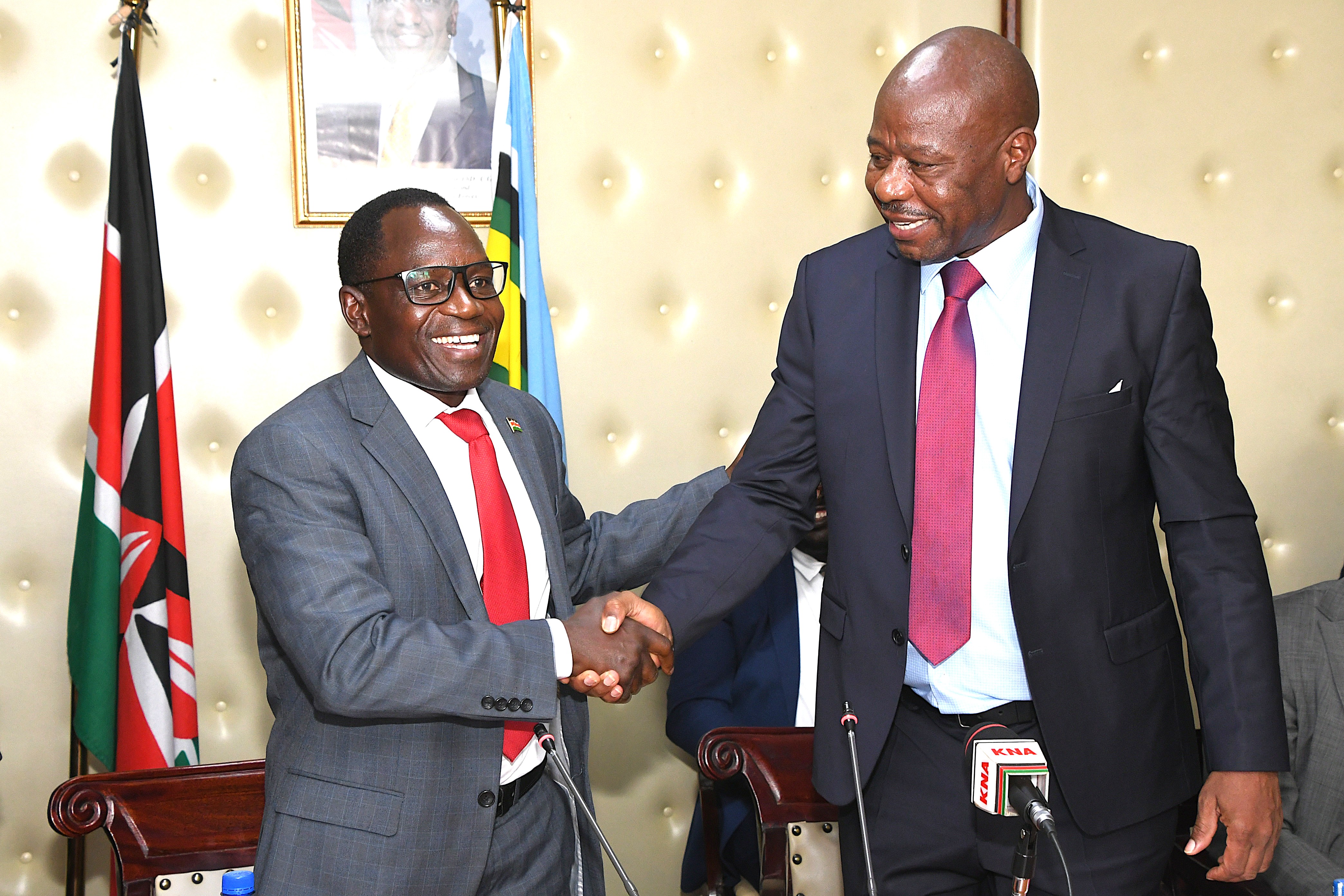 The new PS State Department for Broadcasting and Telecommunications, Stephen Isaboke, takes over the docket from his predecessor Prof. Edward Kisiang’ani during a handing over ceremony at the Teleposta Towers. PHOTO/KIBET CHEPTUMO