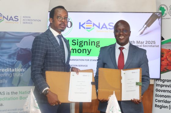 Dr. Hermogene Nsengimana, ARSO Secretary General and Dr. Walter Ongeti,  KENAS CEO with the signed MOUs at ARSO offices, International House, Nairobi.