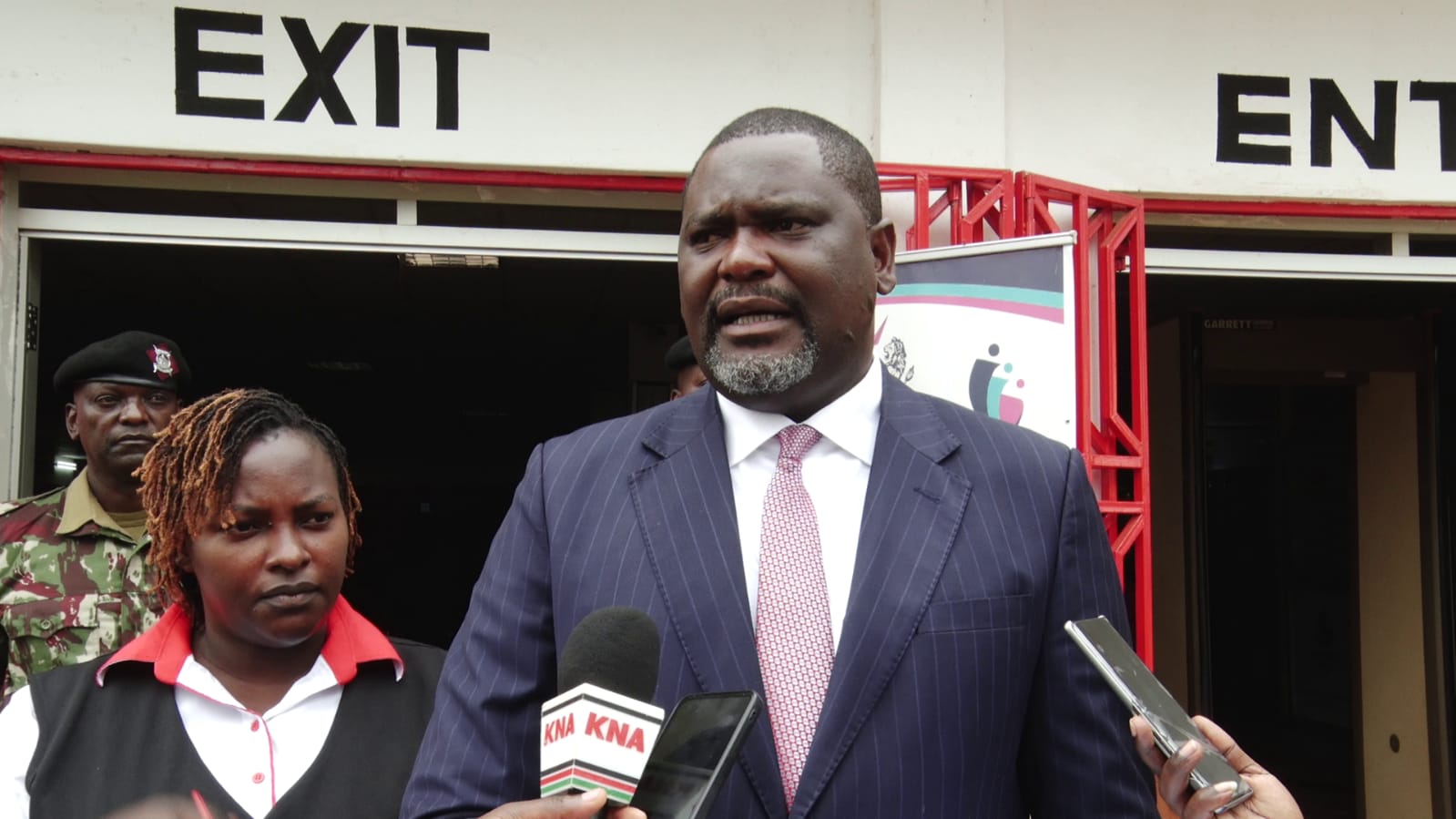 The Cabinet Secretary for Public Service, Human Capital Development and Special Programmes Geoffrey Ruku addresses the press at the Huduma center in Thika.