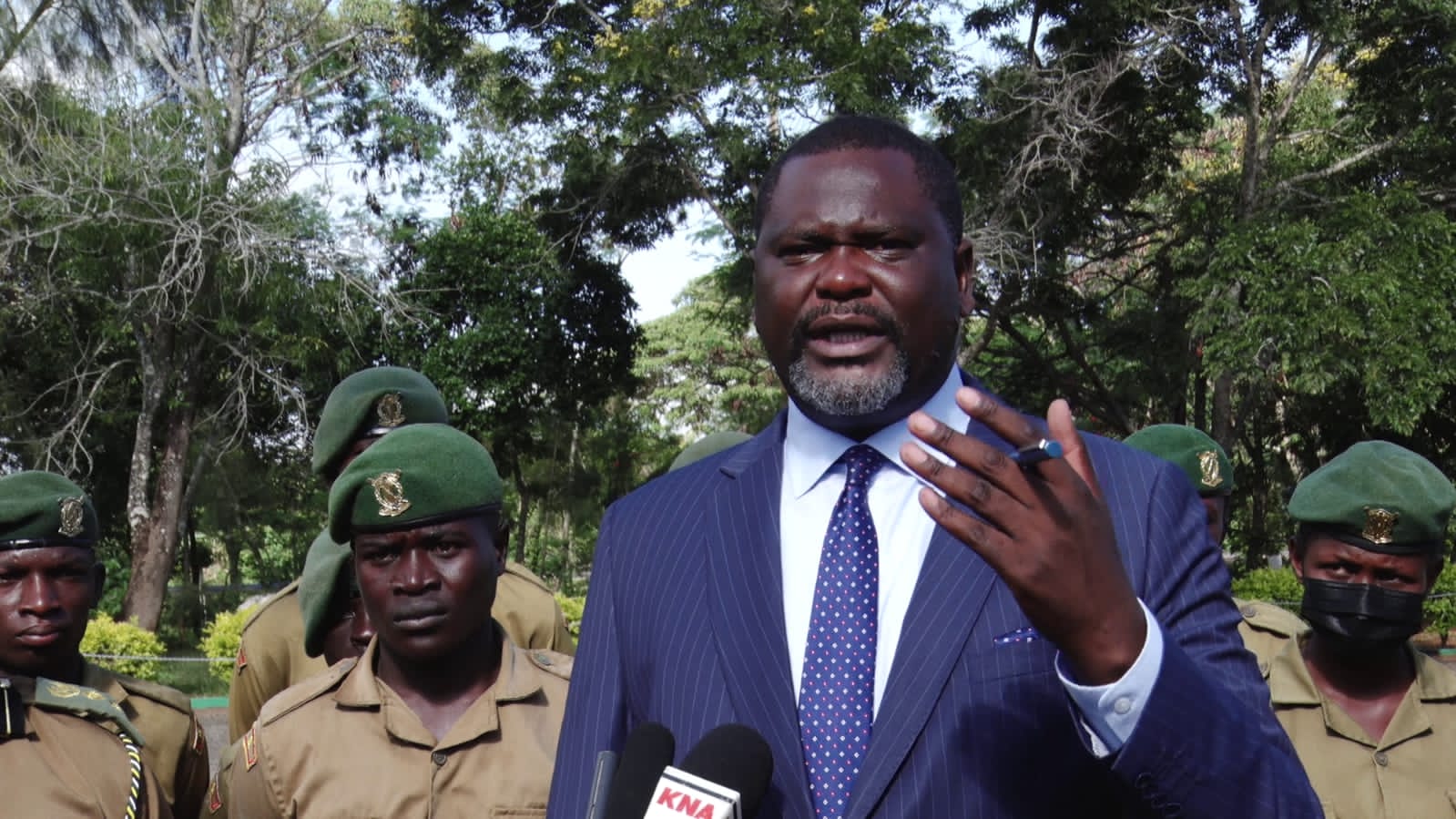 The Cabinet Secretary for Public Service Geoffrey Ruku addresses the press at NYS Yatta Field Unit in Machakos County