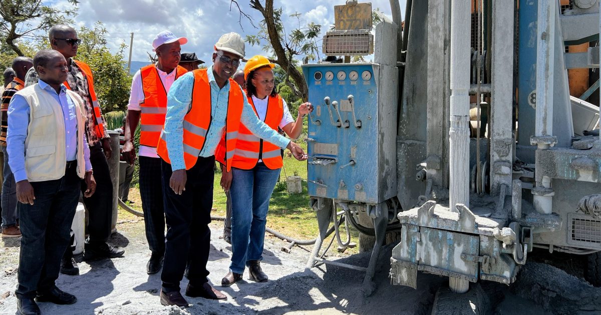 KVDA Managing Director Sammy Naporos (in front center)  Wanjiku Manyatta from the  Ministry of ASALs, Regional Development and East African Community (right) among other  government officials during the groundbreaking of a borehole water project in Chepukat.