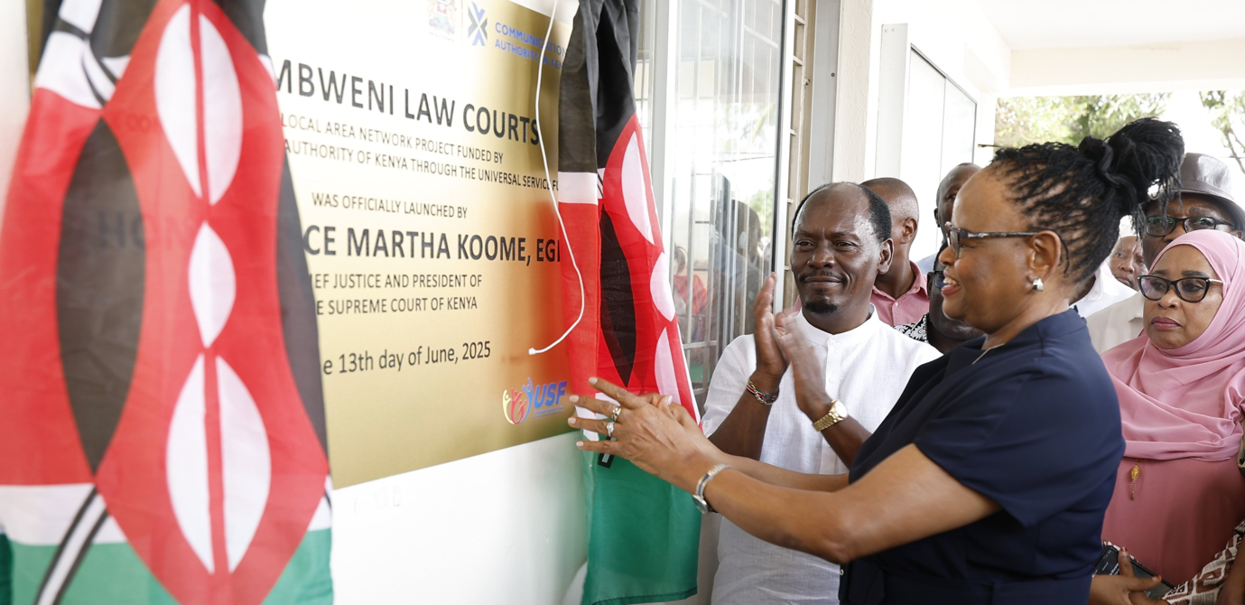 Chief Justice Hon. Martha Koome and Cabinet Secretary for Information, Communications  and the Digital Economy Hon. Wiliam Kabogo, unveiled the plaque during the official  launch of the Local Area Network project between the Communications Authority of  Kenya and the Judiciary at the Msambweni Law Courts in Ukunda, Kwale County