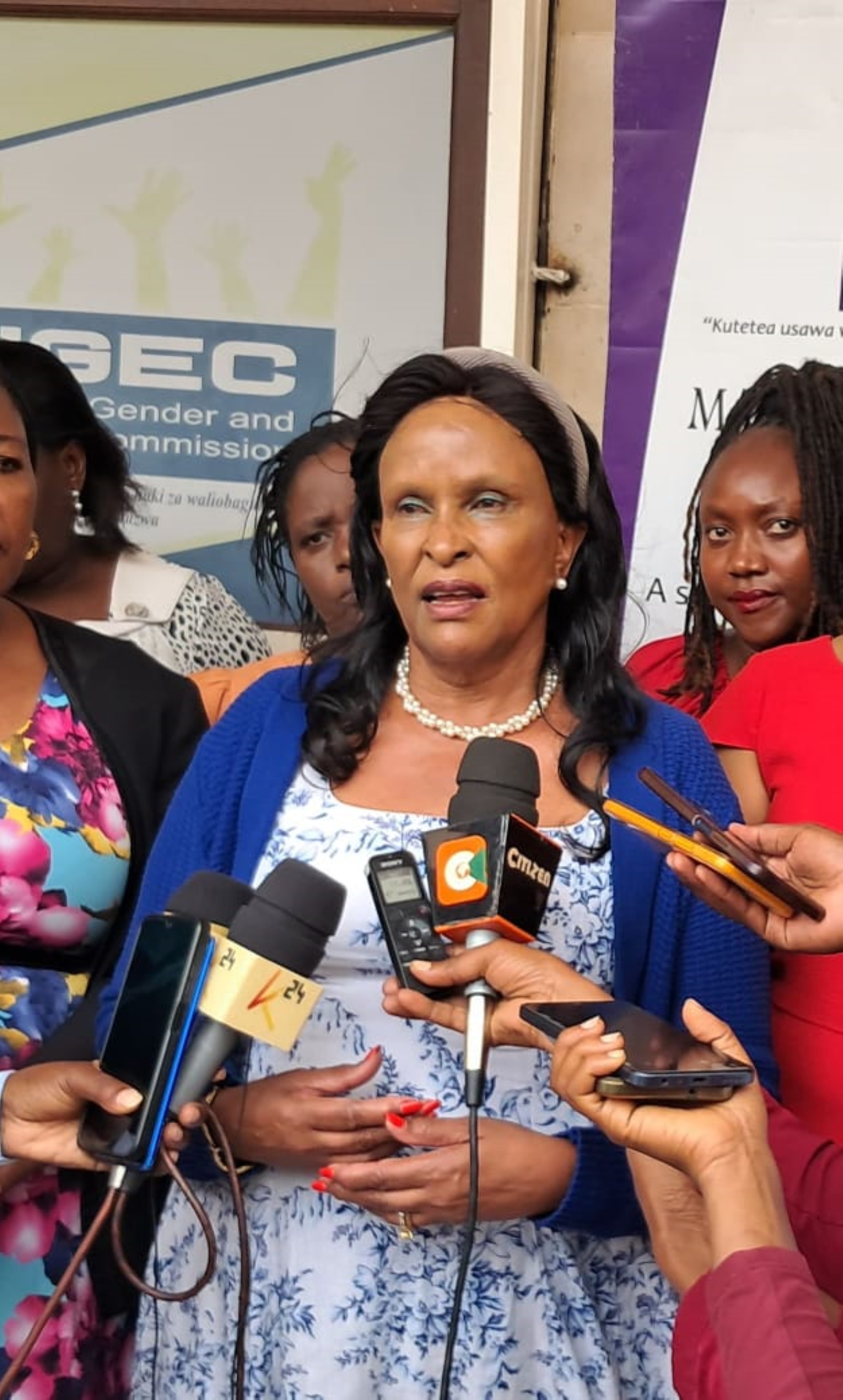 Dr. Margaret Karungaru, a commissioner with the National Gender and Equality Commission, addressing journalists after a stakeholder engagement in Malindi town. PHOTO/SHANI RHAI