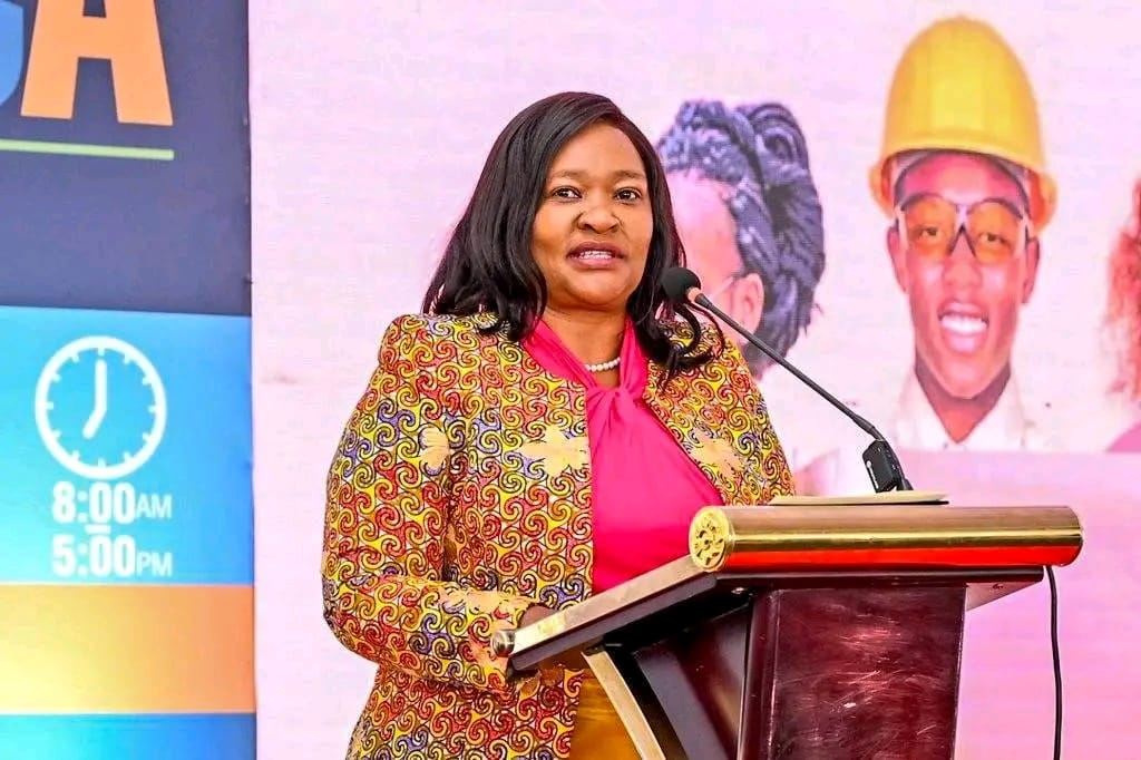 The Cabinet Secretary (CS) for Tourism and Wildlife Rebecca Miano speaking during the 2025 World Youth Skills Day celebrations at KICC, Nairobi.