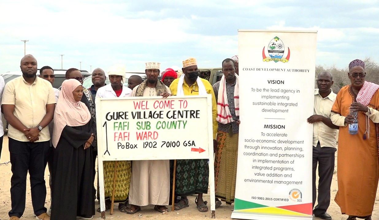 Coast Development Authority team led by Chairman, Mzee Mwinyi, during the handing over of the Gure water pan. PHOTOS BY HANIEL MENGISTU/KNA