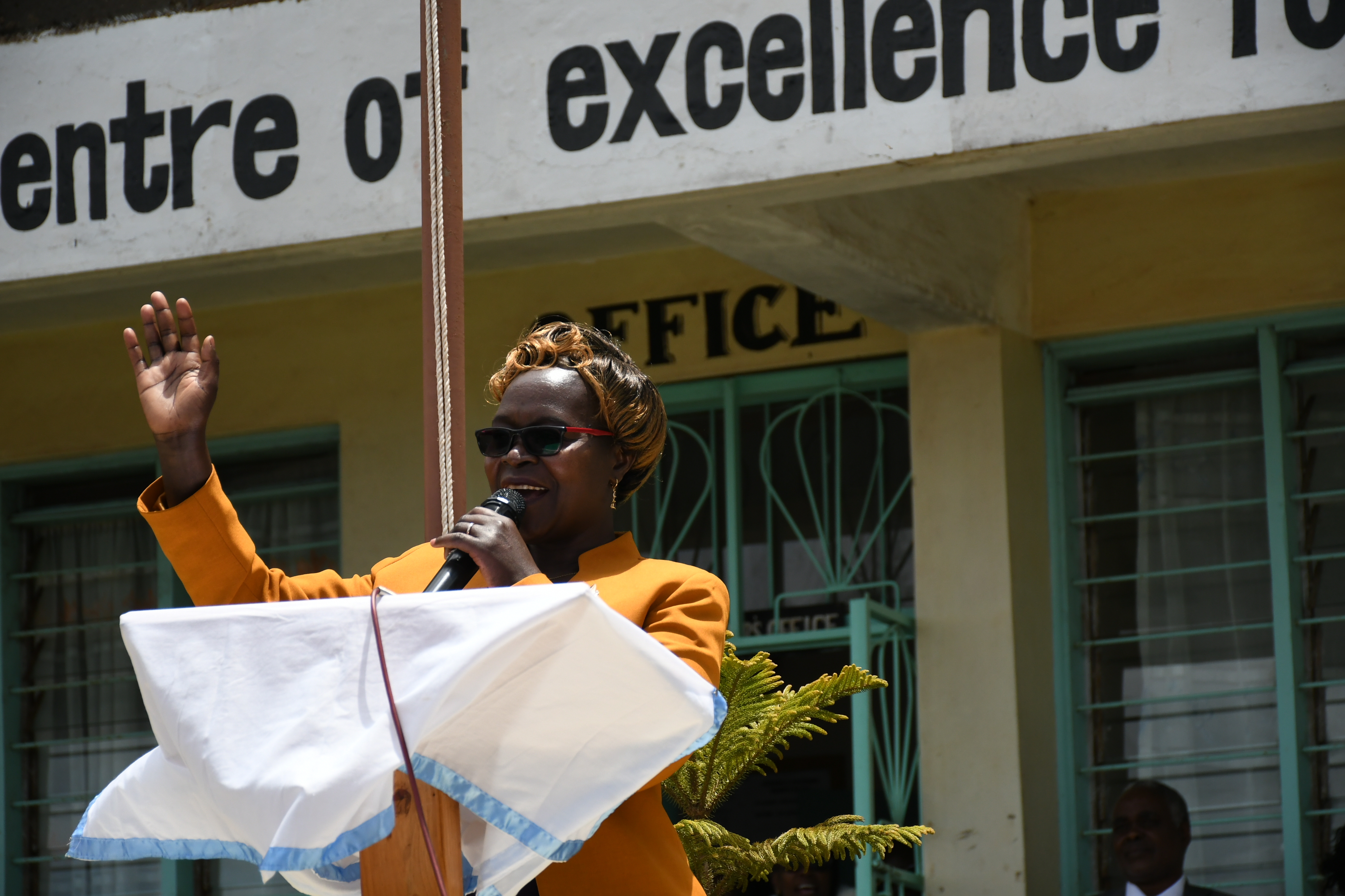 Central Region Director of Education Sabina Aroni addressing students at the Tetu Girls Boarding Primary School when she visited the institution