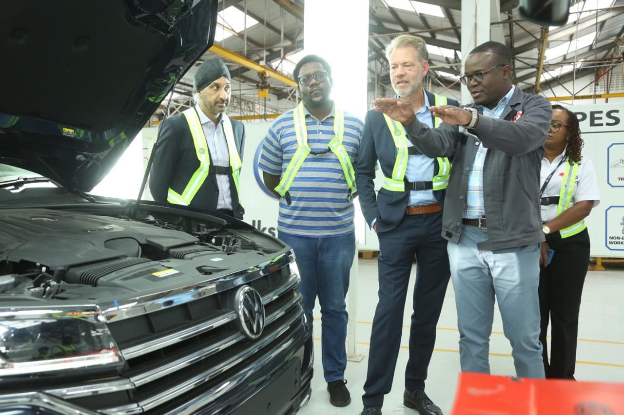From Left CFAO Mobility Managing Director Arvinder Reel, Economic Affairs, Economic Cooperation & Development, German Embassy Pius Ogola Ongoo, Alexander Fierley (Economic Affairs, Economic Cooperation & Development German Embassy) and the General Manager, Kenya Vehicle Manufacturers, Moses Abiero during the visit to KVM.