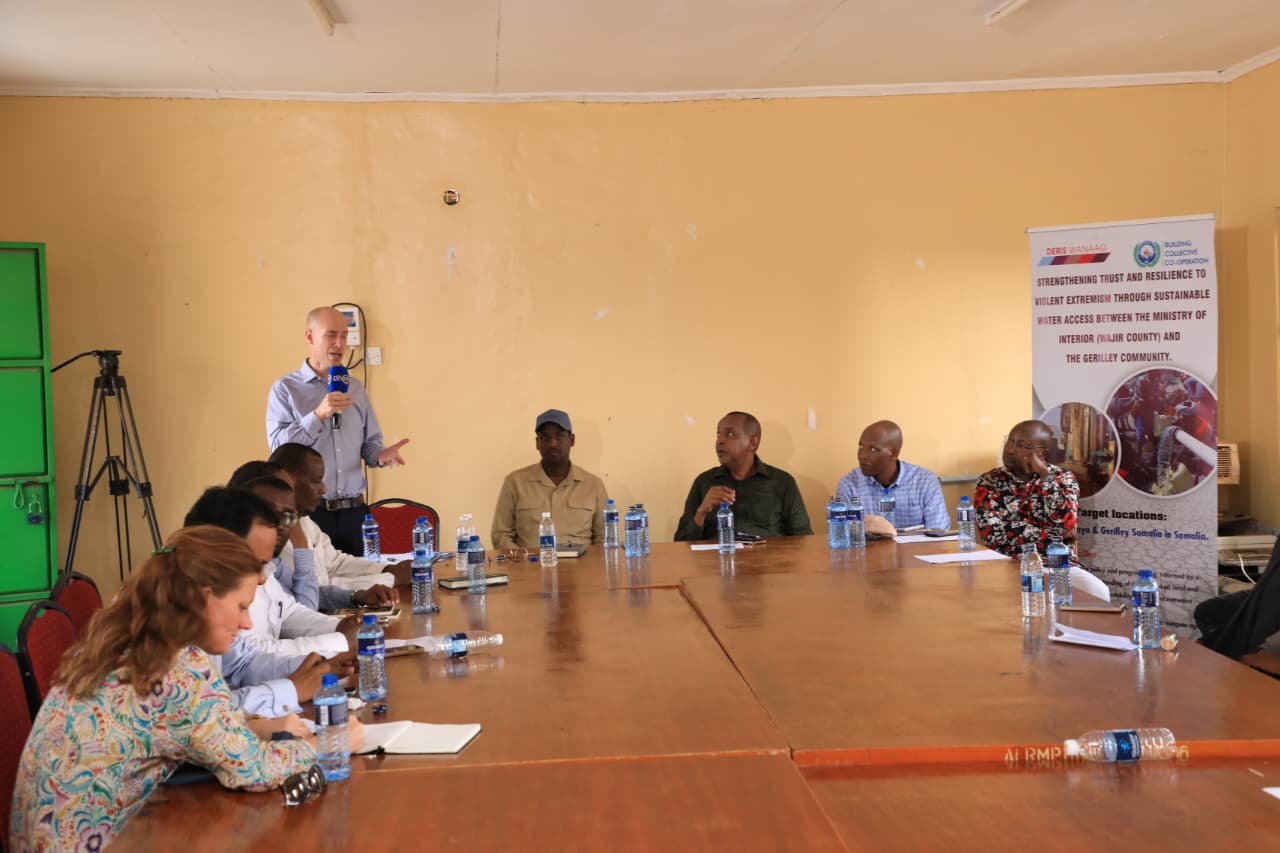 Mr Ben Fisher, Head of the UK’s Integrated Security Fund and Senior Regional Conflict Adviser at the British High Commission Nairobi, speaking during the close-out meeting of the Deris Wanaag programme in Wajir County, marking the unveiling of the Geriley Community Borehole.