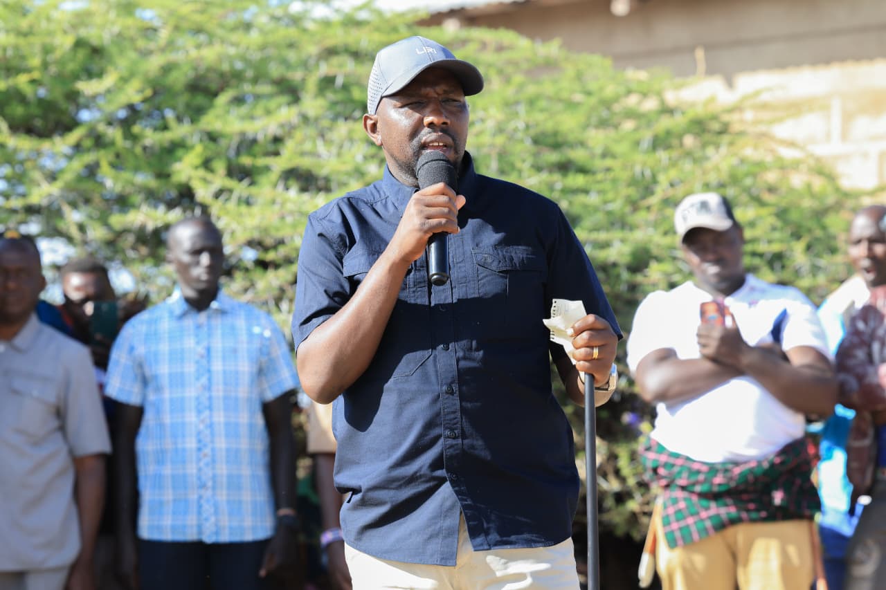 Interior Cabinet Secretary Kipchumba Murkomen addressing residents of Kurum village in Laikipia North Sub-County where he announced a police operation to flush out armed bandits from the nearby Mukogodo forest. PHOTO: MARTIN MUNYI/KNA