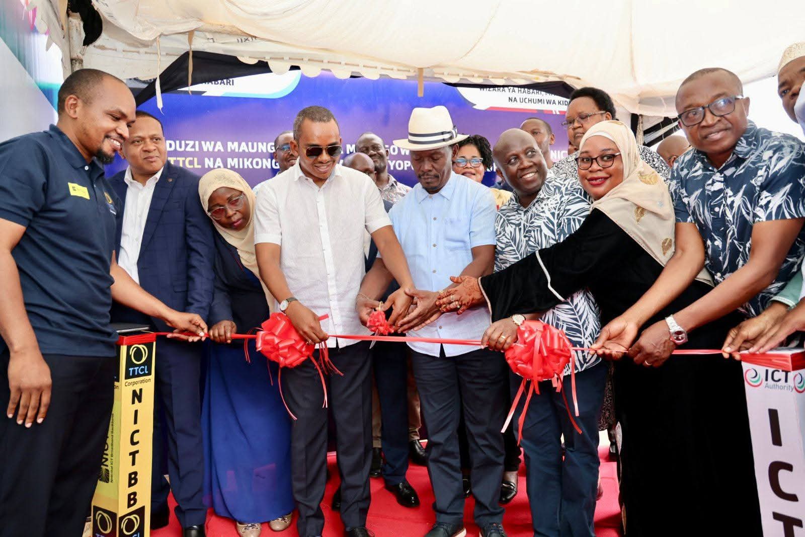 Cabinet Secretary for Information, Communication and the Digital Economy William Kabogo during the launching of Terrestrial Fiber Link connecting Kenya and Tanzania at Lunga lunga/Horohoro border 