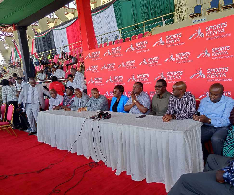 Sports Cabinet Secretary Salim Mvurya (middle) is welcomed by Homa Bay Governor Gladys Wanga when he arrieved for the handing over ceremony of the Raila Odinga Stadium in Homa Bay.