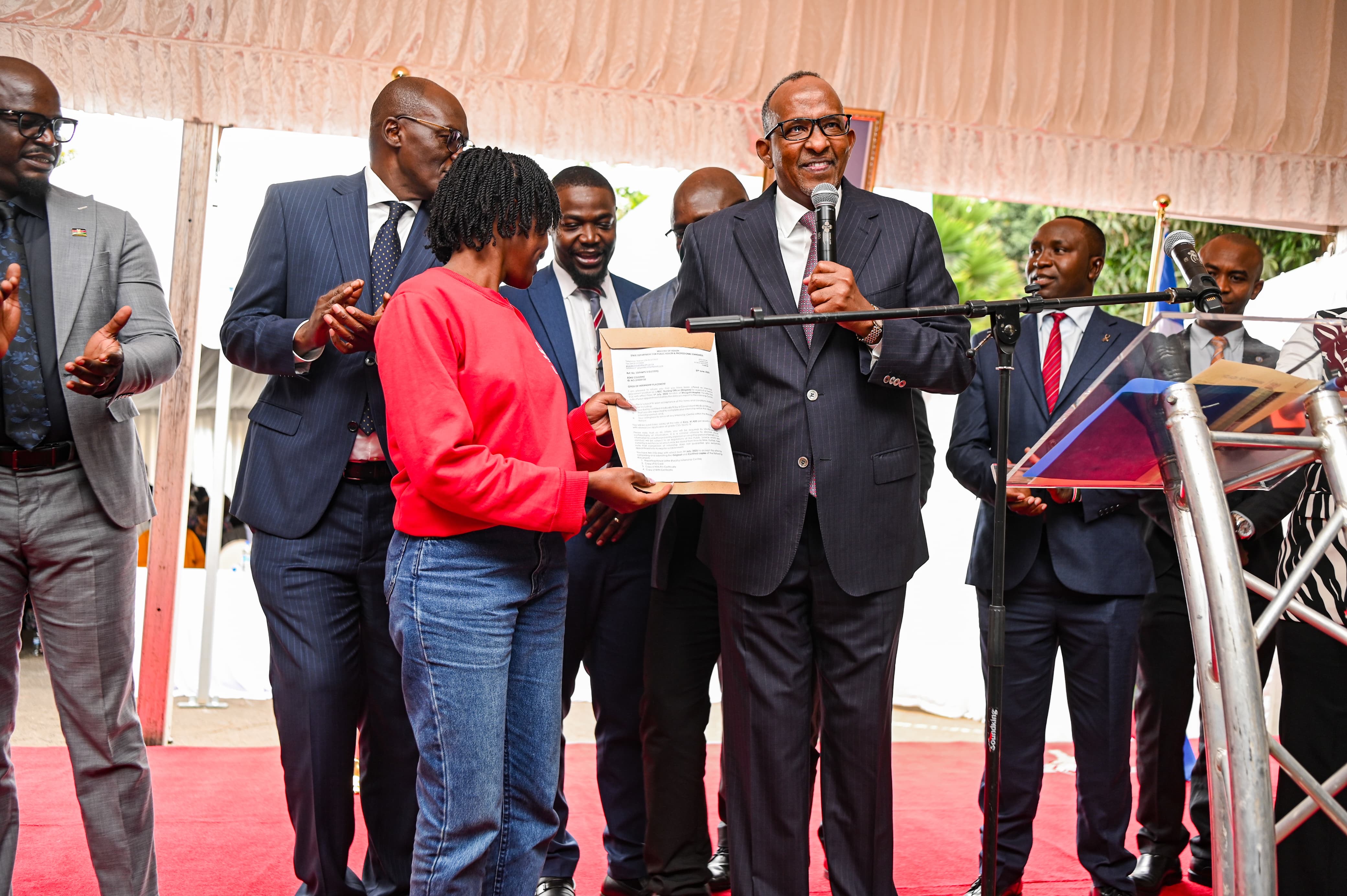 Health CS Aden Duale speaking during the flag-off ceremony for the 2025/2026 cohort of healthcare interns, reaffirming the government’s commitment to strengthening the health workforce under Universal Health Coverage.