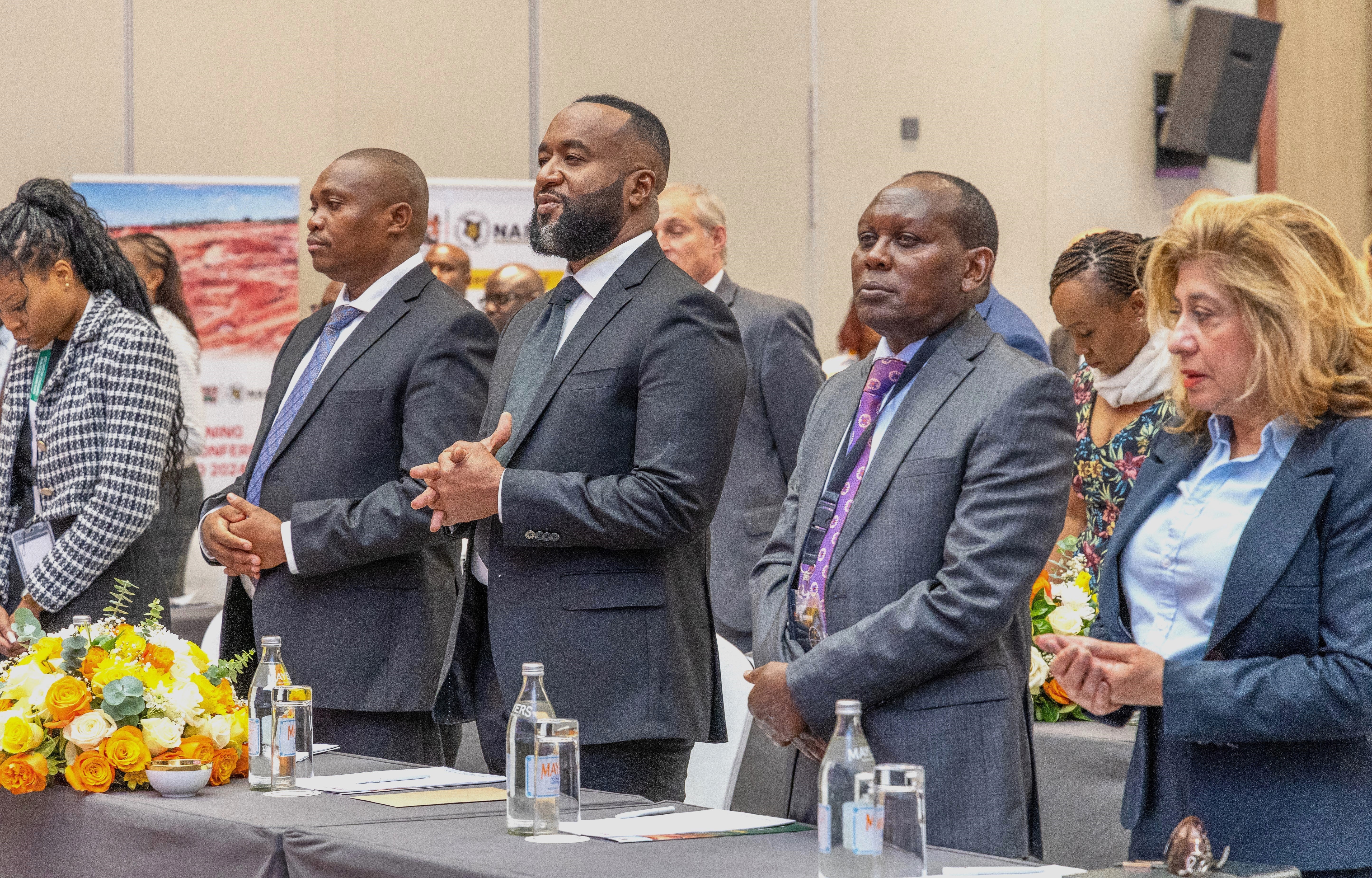 CS Mining Hassan Ali Joho (L) with PS Mining Elijah Mwangi studies mineral samples at one of the stands during the Mining Expo in Nairobi.