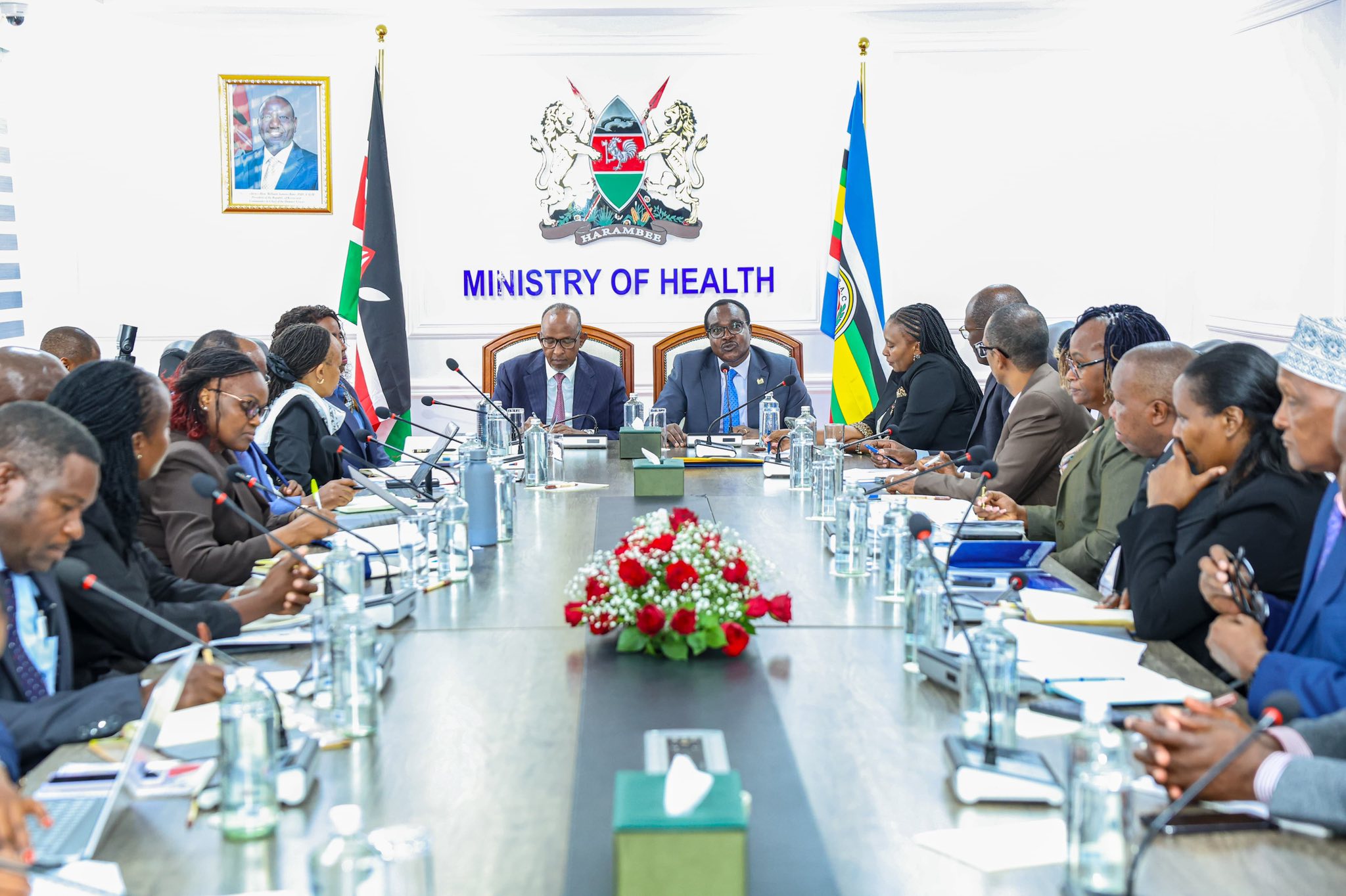 Cabinet Secretary (CS) for Health Aden Duale (Left) shares a warm handshake with his counterpart the Cabinet Secretary for Education Julius Ogamba during a high-level strategic meeting intended to align existing health training programmes with national priorities at the Ministry of Health Headquarters in Nairobi 