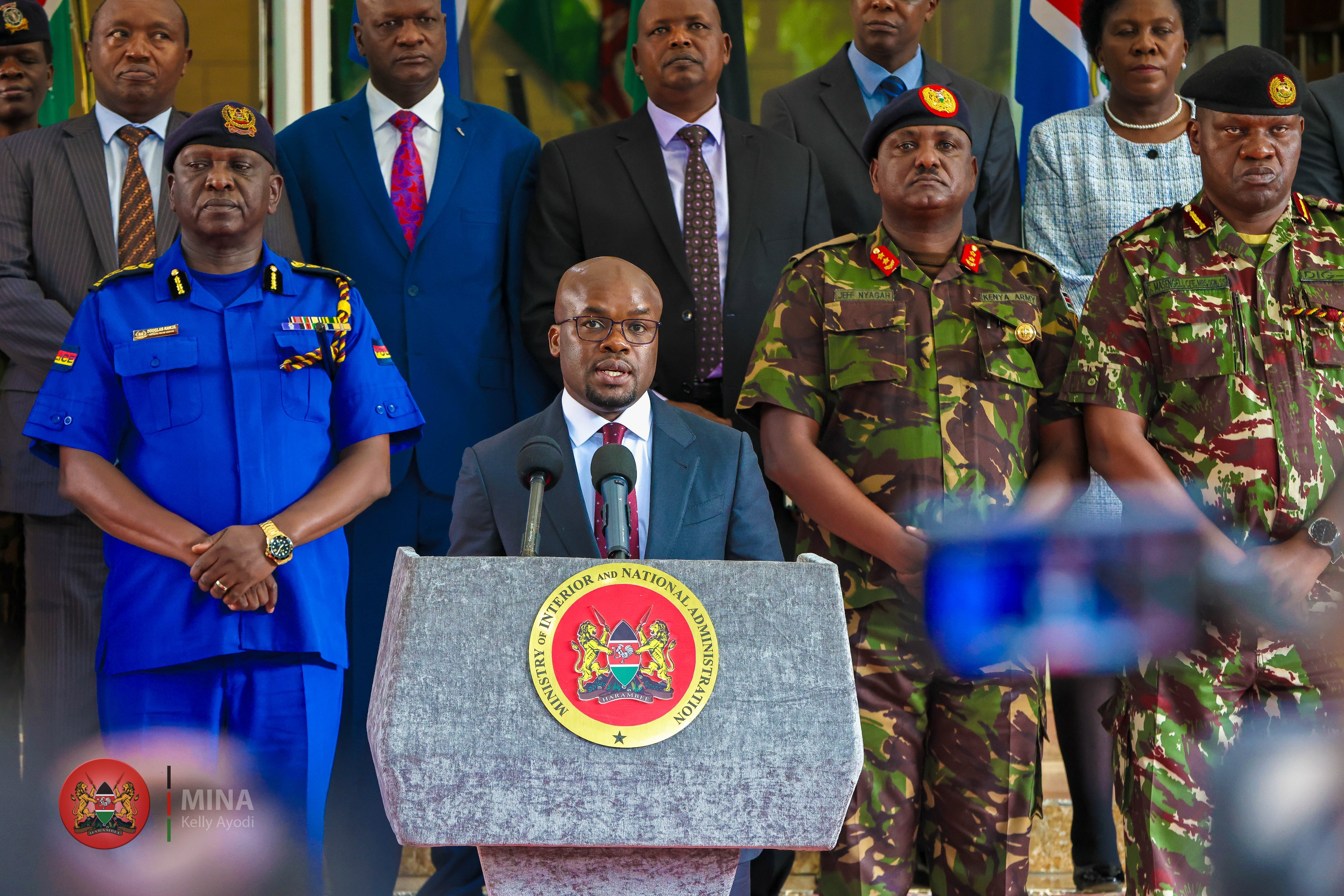Internal Security and National Administration Principal Secretary Raymond Omollo flanked by senior security officials during a press briefing