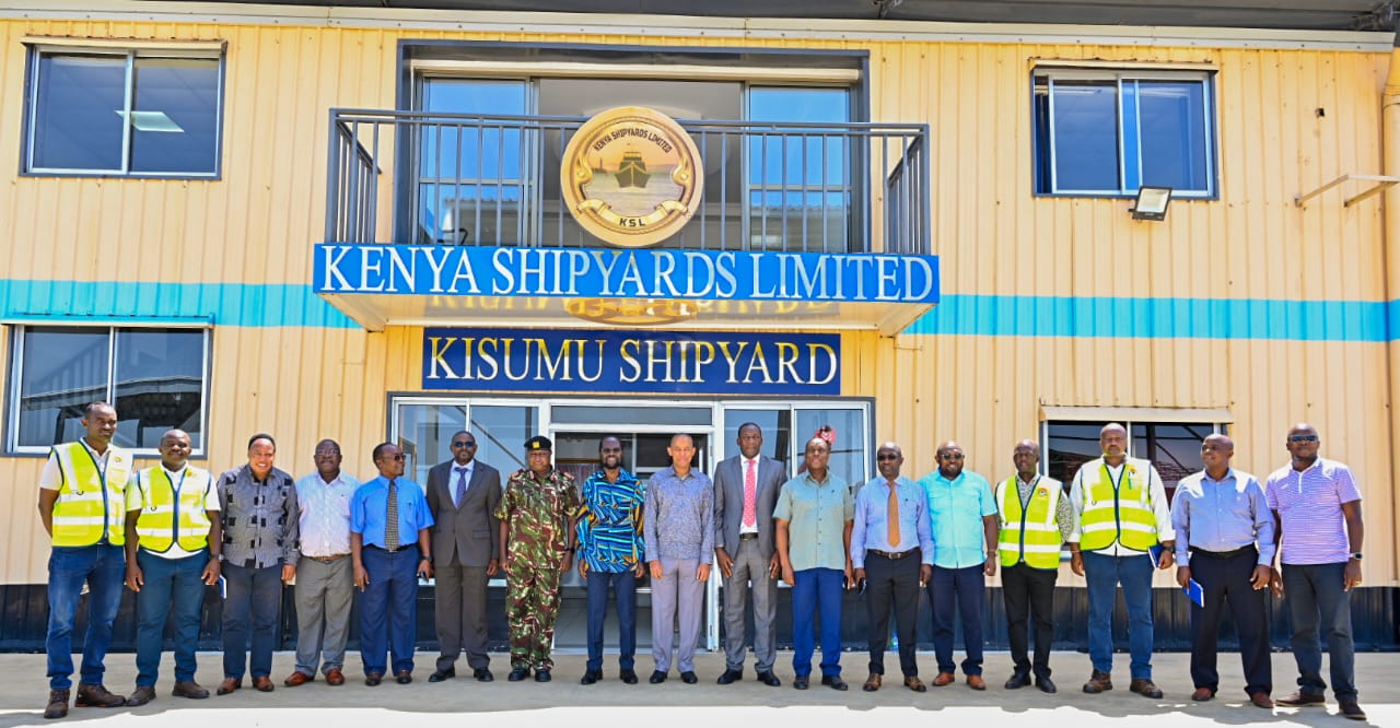 Kisumu governor Prof. Anyang Nyong’o leads a team from the county government and  Kenya Defense Forces (KDF) to inspect works on the boats under construction at the  Kenya Shipyards Limited (KSL) Kisumu. Photos/Chris Mahandara
