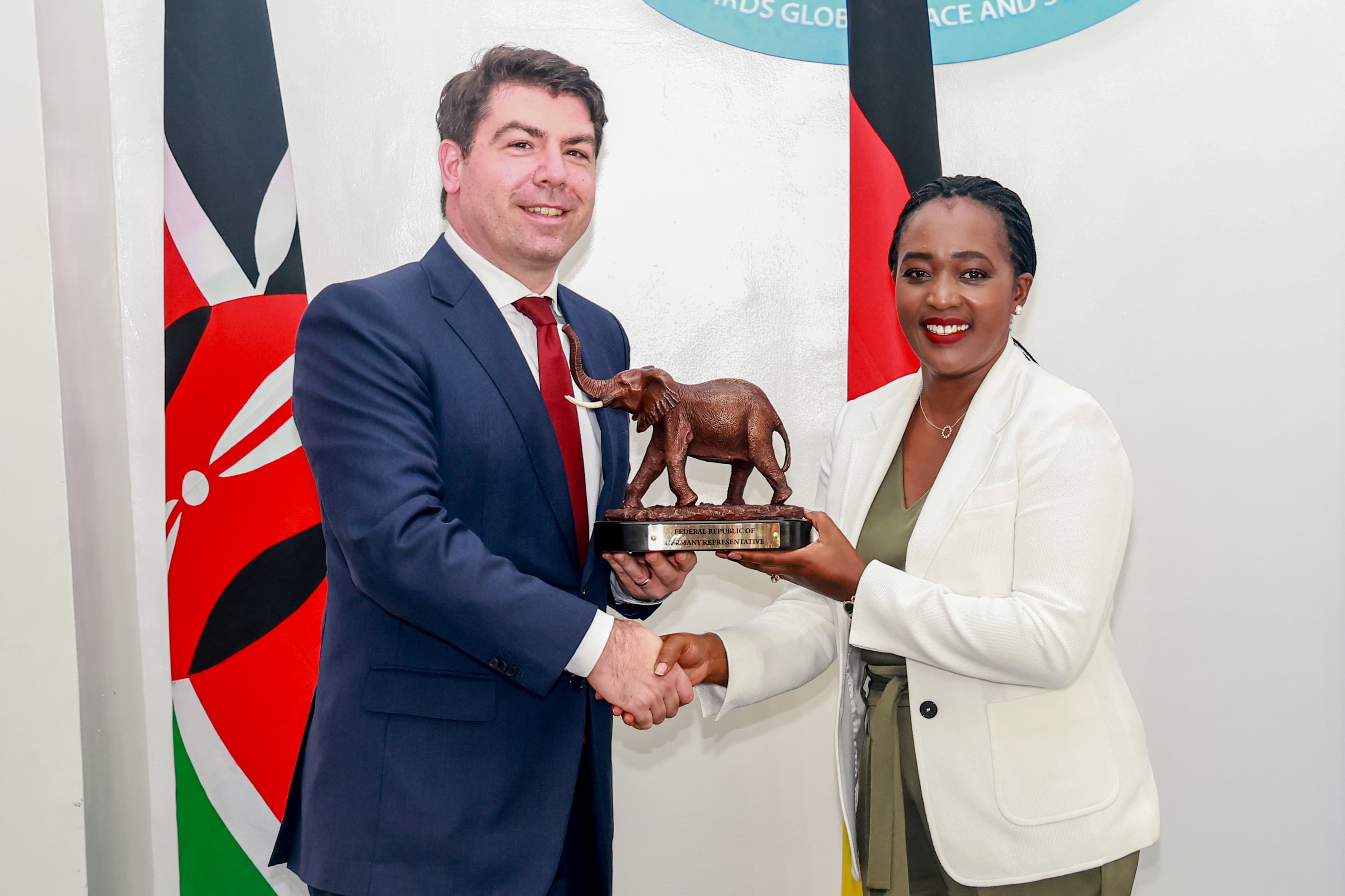 Cabinet Secretary for Defence Soipan Tuya (right) with Germany Parliamentary State Secretary for Defence Thomas Hitschler in Kahawa Garrison-Nairobi.