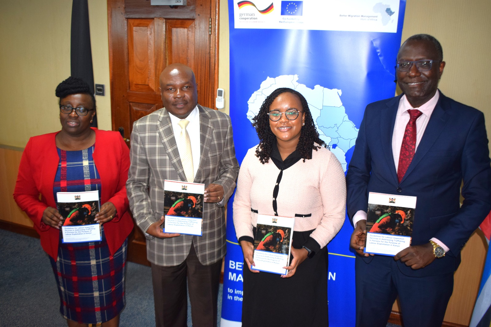 Labour Commissioner Ms. Hellen Apiyo, PS Labour and Skills Development Shadrack Mwadime, CIVIPOL National Coordinator Ms. Michelle Koiange and Secretary Directorate of Occupational safety & Health Dr. Musa Nyandusi at the Launch of Guidelines to address Trafficking in Persons.
