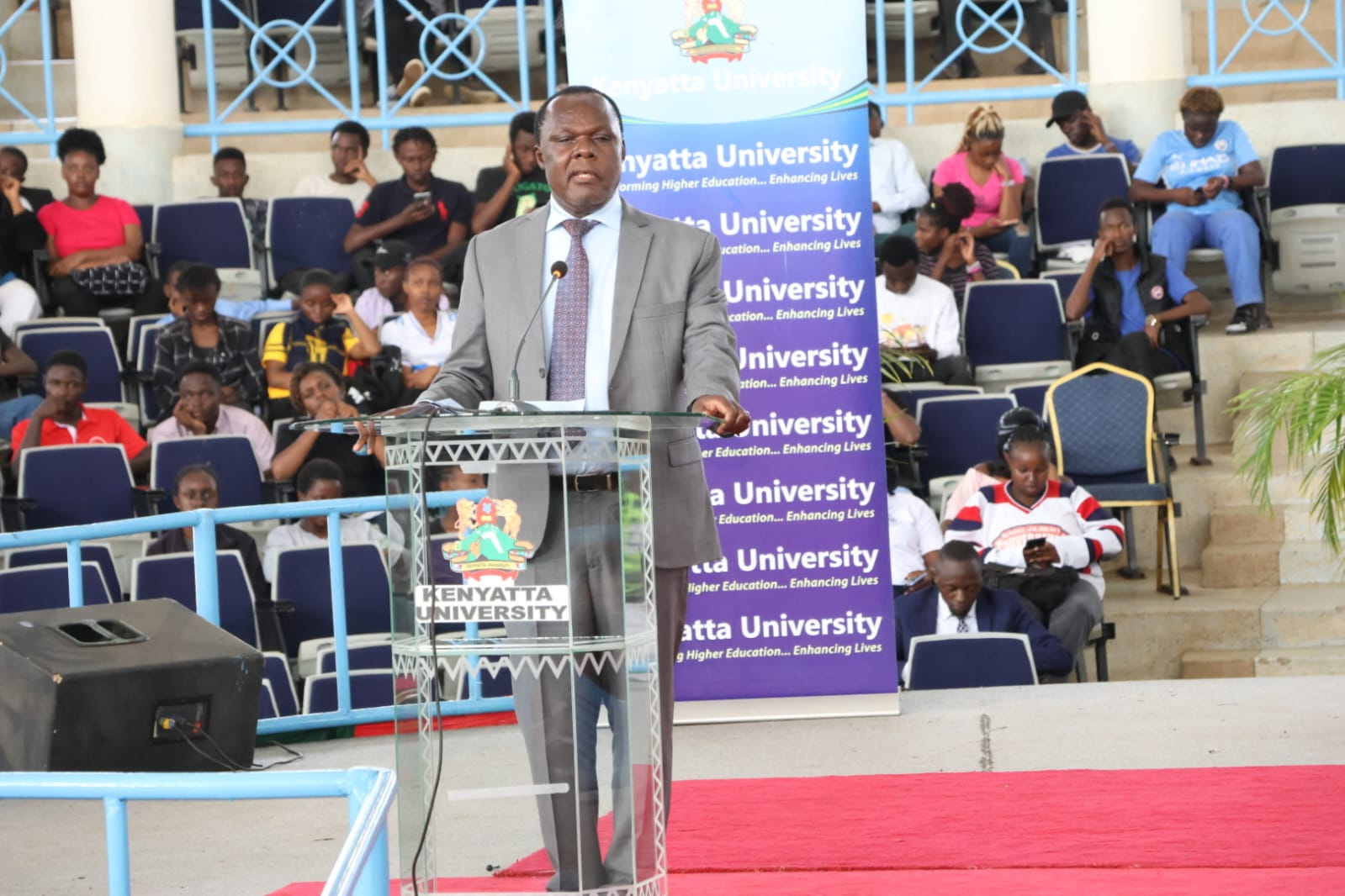 Principal Secretary for Industry Dr. Juma Mukhwana addresses students at the Kenyatta University auditorium during the launch of the institution’s 19th Annual Career Week on January 27th, 2026