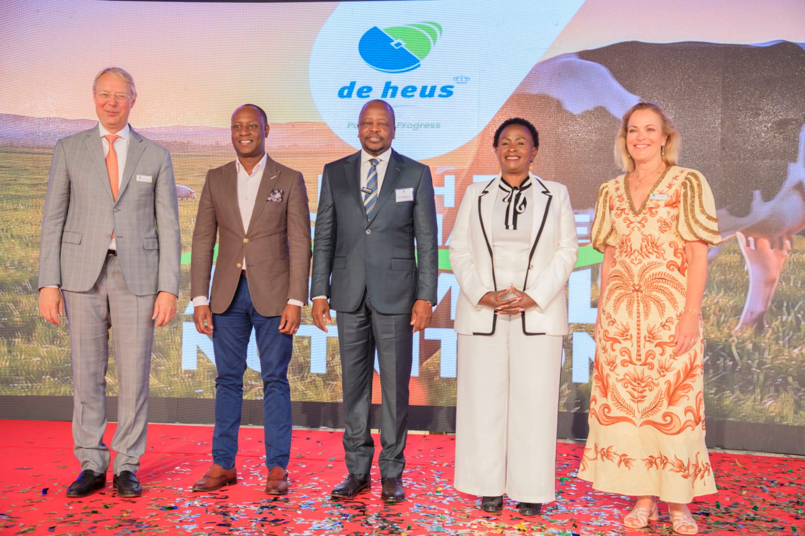 From left: Chairman of the Board De Heus, Co de Heus, PS State Department of Livestock Development Charles Mueke, Ministry of Agriculture and Livestock Development CS Mutahi Kagwe, Machakos County Governor Wavinya Ndeti, and Charlotte de Hues during the official launch of de Heus Kenya Livestock Feed Factory in Kenya.