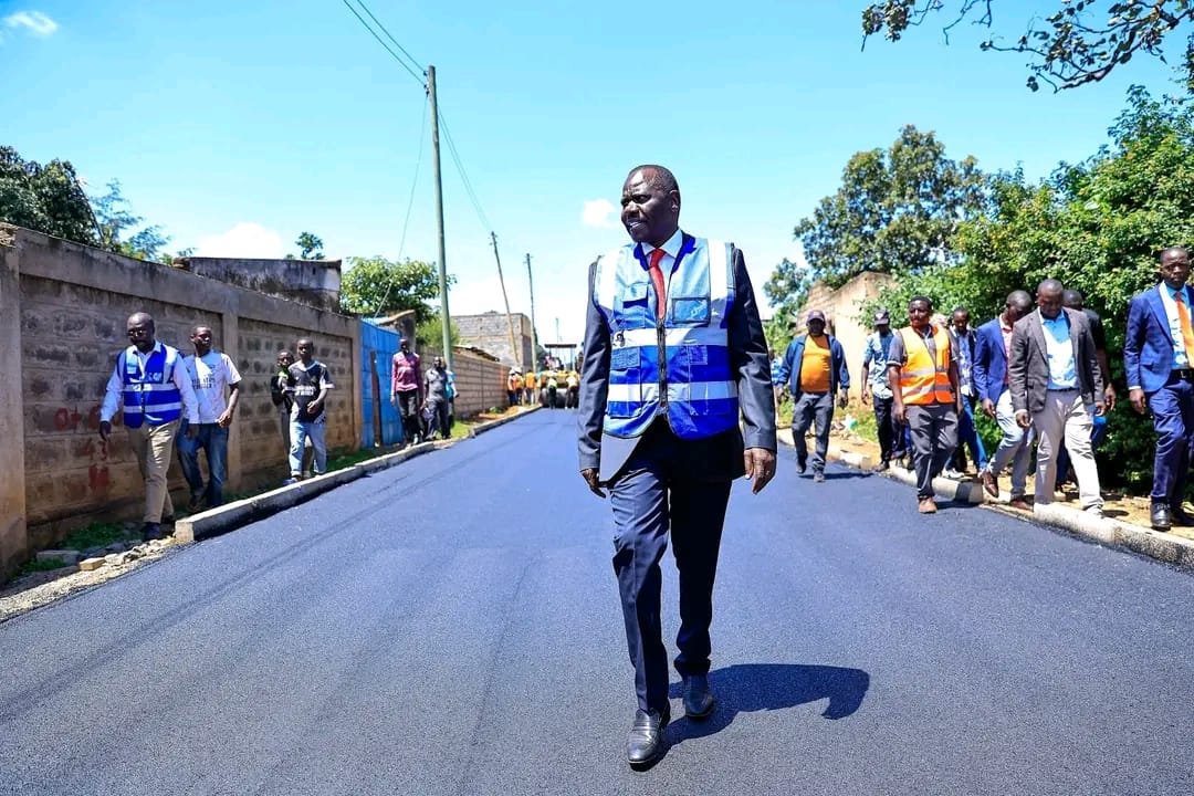 Uasin Gishu County Governor Dr. Jonathan Bii Chelilim, accompanied by other county government officials, inspects the progress of the 4-kilometer Maili Nne Road project under the Second Kenya Informal Settlements Improvement Project (KISIP2).