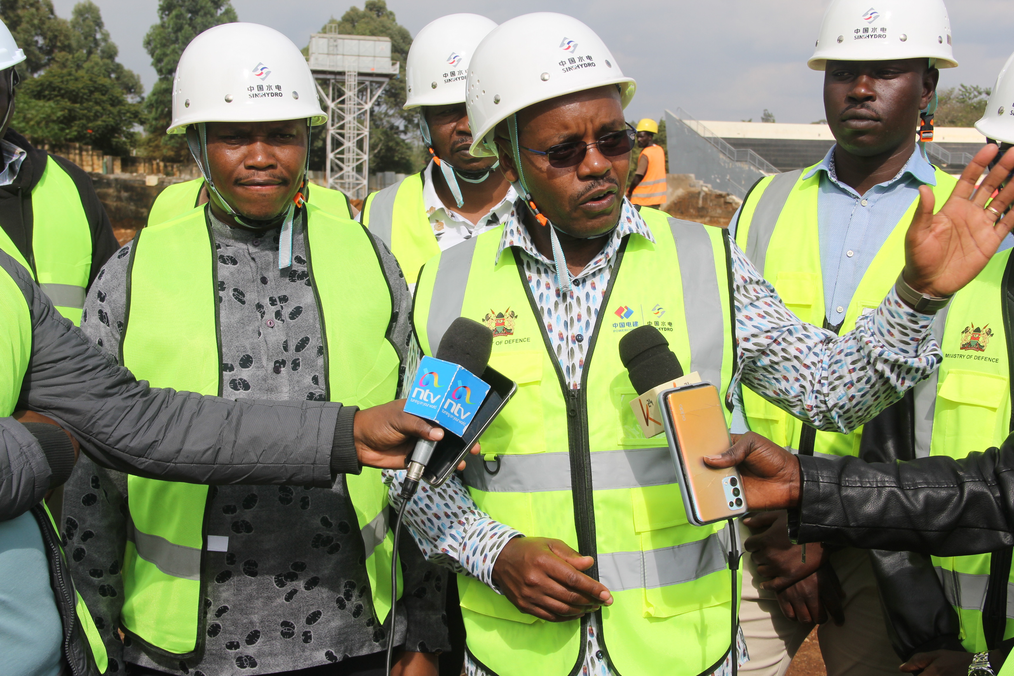 The Defence PS, Dr. Patrick Mariru (r) and his Sports counterpart, Elijah Mwangi (l), in a press briefing during the inspection visit to confirm the level of progress of construction works at the Kipchoge Keino Stadium, Eldoret, Uasin Gishu