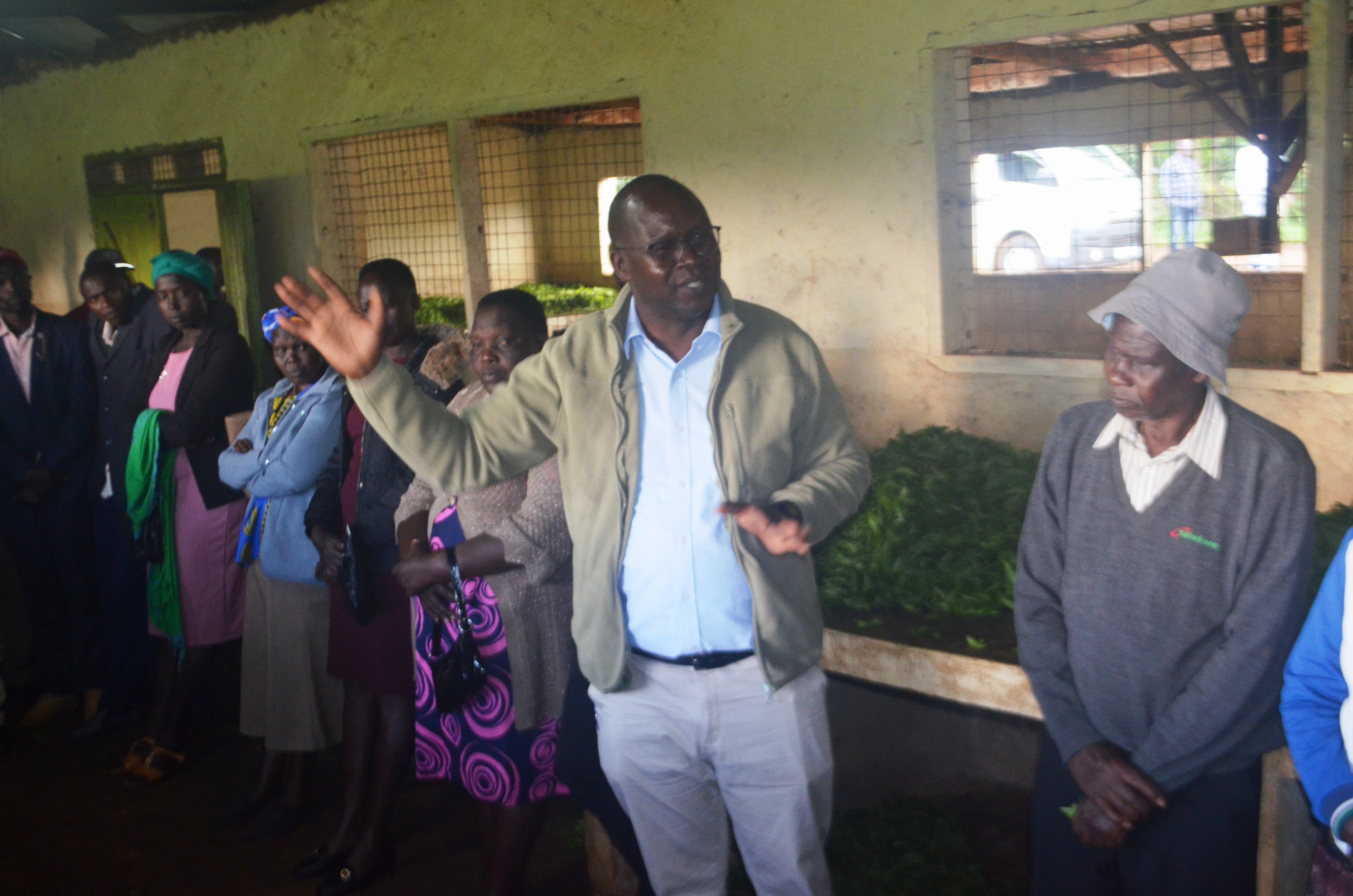 TBK Chief Executive Officer (CEO) Willy Mutai addressing a section of the over 400 small holder tea farmers who deliver their green leaf at Kiptome Tea buying center