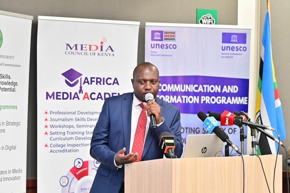Media Council of Kenya CEO David Omwoyo speaking during this year’s World Radio Day celebrations on Thursday at Aga Khan University Graduate School of Media and Communication in Nairobi.    