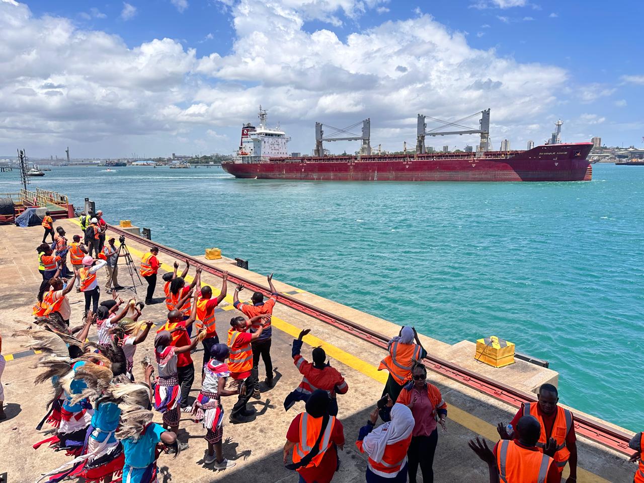 Base Titanium staff waving goodbye to Mv Devbulk Sinem, the 171st ship and the last bulk vessel to call Base Titanium as it leaves the port Facility, transporting 4,200 metric tons of Rutile to the U.S.