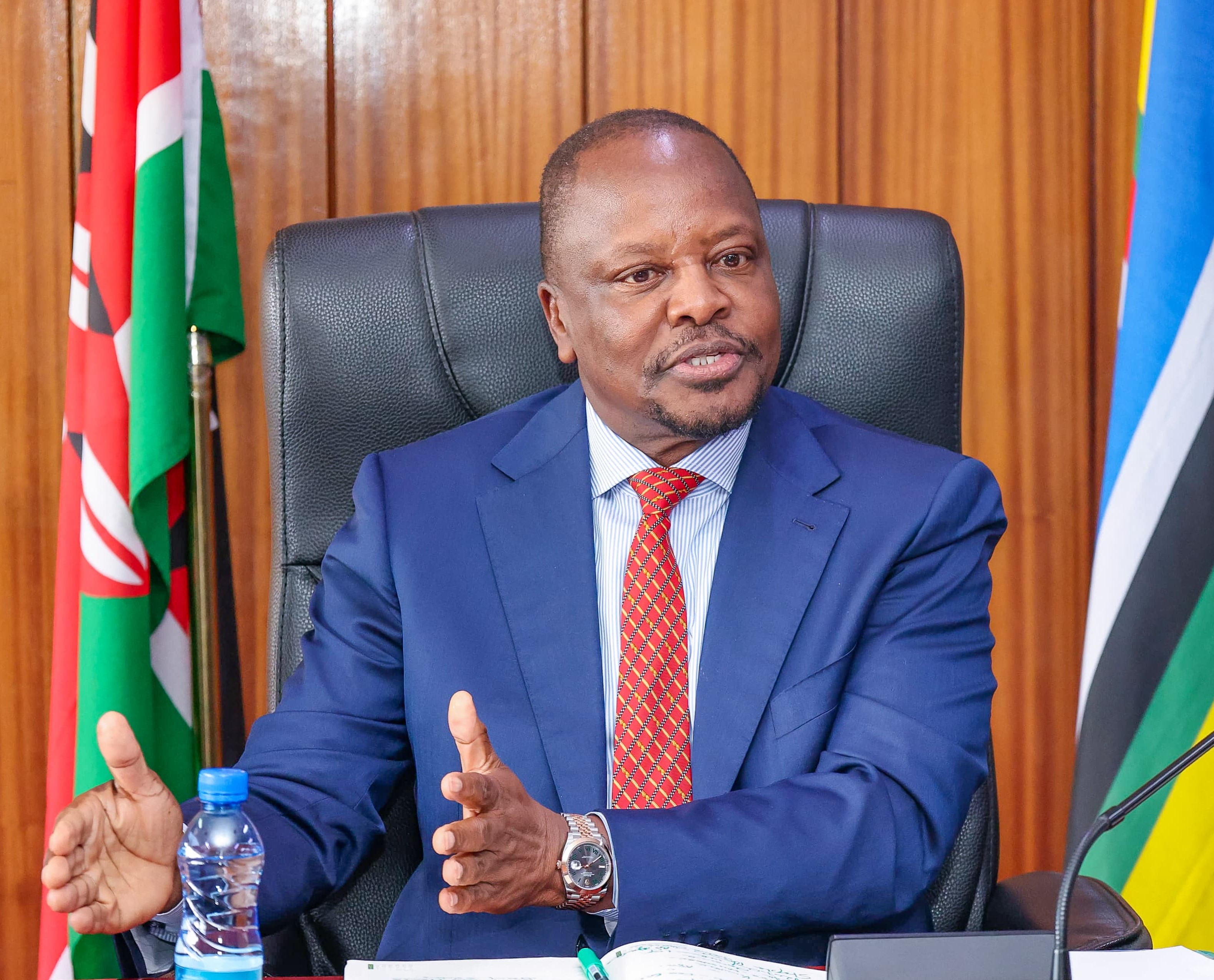 Agriculture and Livestock Development Cabinet Secretary Mutahi Kagwe speaking during a high-level meeting at Kilimo House with the EU ambassado