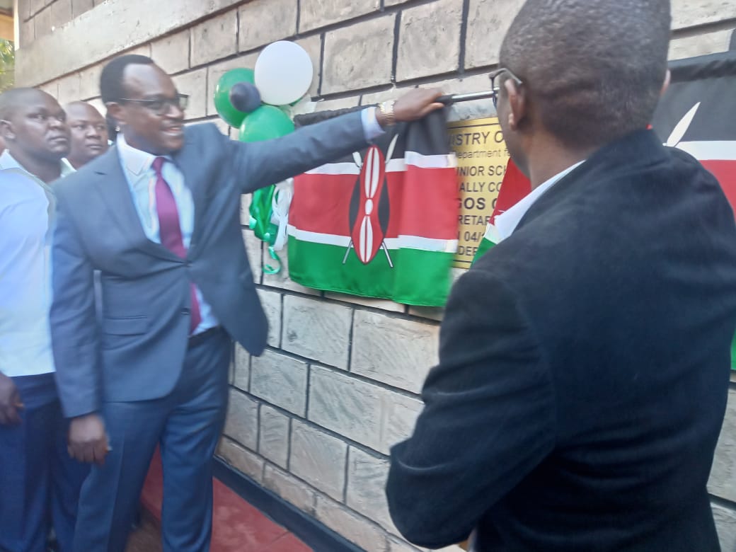 Education Cabinet Secretary Dr. Julius Migos Ogamba officially commissions 12 JSS classrooms at Kakamega Primary School in Kakamega County. Photo/ GEORGE KAIGA