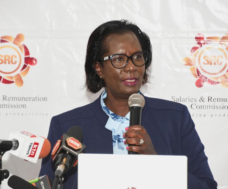 Salaries and Remuneration Commission Chairperson Lyn Cherop Mengich addresses a media breakfast meeting on the Commission’s SRC End-of-Term Report (2018/2019-2023/ 2024) in Nairobi.