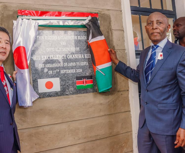 The Ambassador of Japan to Kenya Okaniwa Ken and Limuru member of parliament John Kiragu during the handover ceremony of an 8-classroom project funded by the Government of Japan through the Grant Assistance for Grassroots Human Security Projects (GGP).