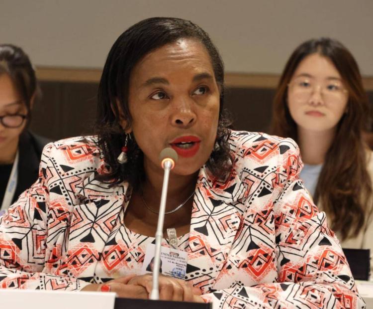 The Cabinet Secretary, Ministry of Information,  Communications and the Digital Economy Dr. Margaret  Ndung’u speaking during a session at the sidelines of the  79th session of the UN General Assembly (UNGA 79)