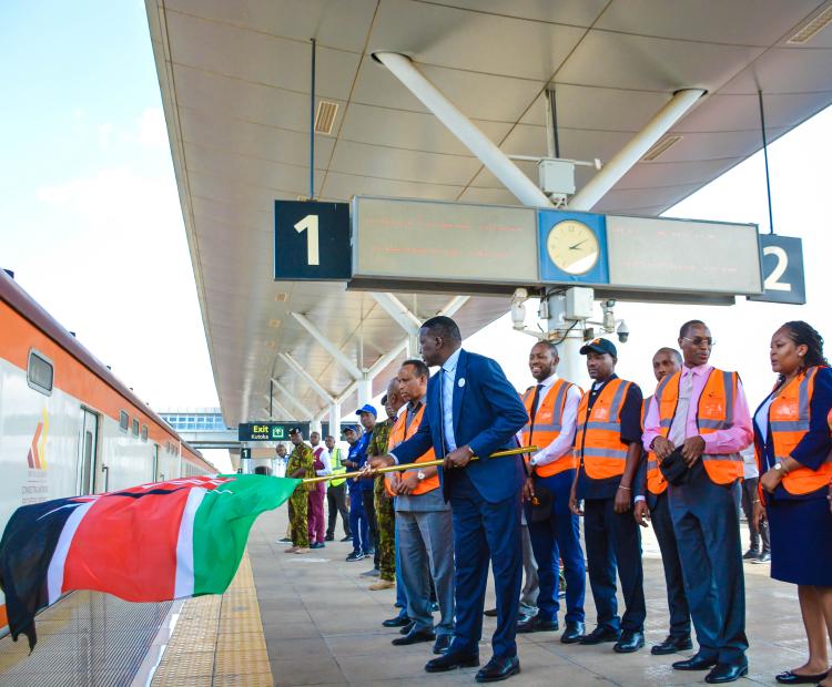  Ministry of Roads and Transport Cabinet Secretary (CS) Davis Chirchir flagging off the Madaraka Express Premium Class Service during the commissioning of the Nairobi Commuter Rail Service Stations and the KR Premium Class Operations.