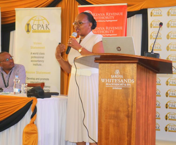 Commissioner of Domestic Taxes Rispah Simiyu during a presentation to the Institute of Certified Public Accountants of Kenya (ICPAK) in Mombasa. Photo/Andrew Hinga