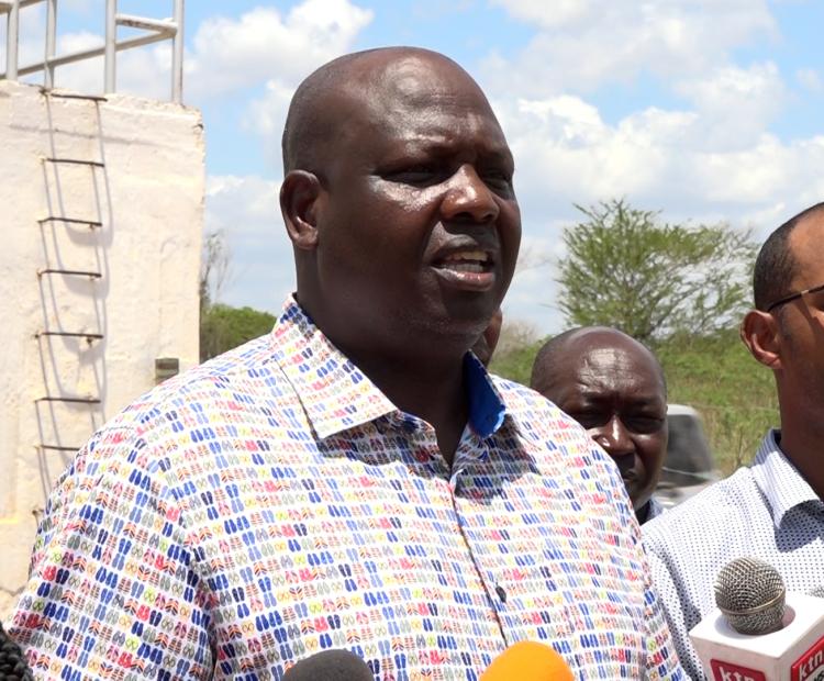 The Chairman of the National Assembly's Committee on Regional Development, Mr. Peter Lochakapong (Sigor), addresses journalists at the rubber dam within the Tana Delta Irrigation Project (TDIP) in Tana River County.