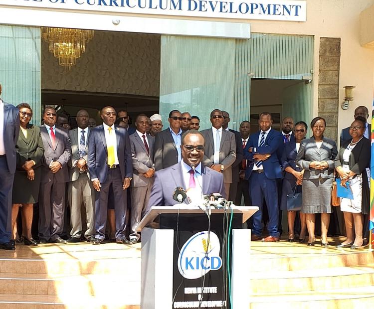 Cabinet Secretary for Education Mr. Julius Ogamba speaking during the roll out of the grade 9 textbooks at Kenya Institute of Curriculum Development in Nairobi.