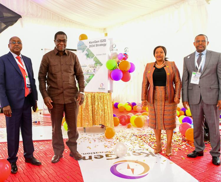 From L to R: KenGen Chairman Frank Konuche, Energy and Petroleum Cabinet Secretary Opiyo Wandayi, Cabinet Secretary Ministry of Tourism and Wildlife Rebecca Miano and KenGen Managing Director and CEO Eng. Peter Njenga in Naivasha.